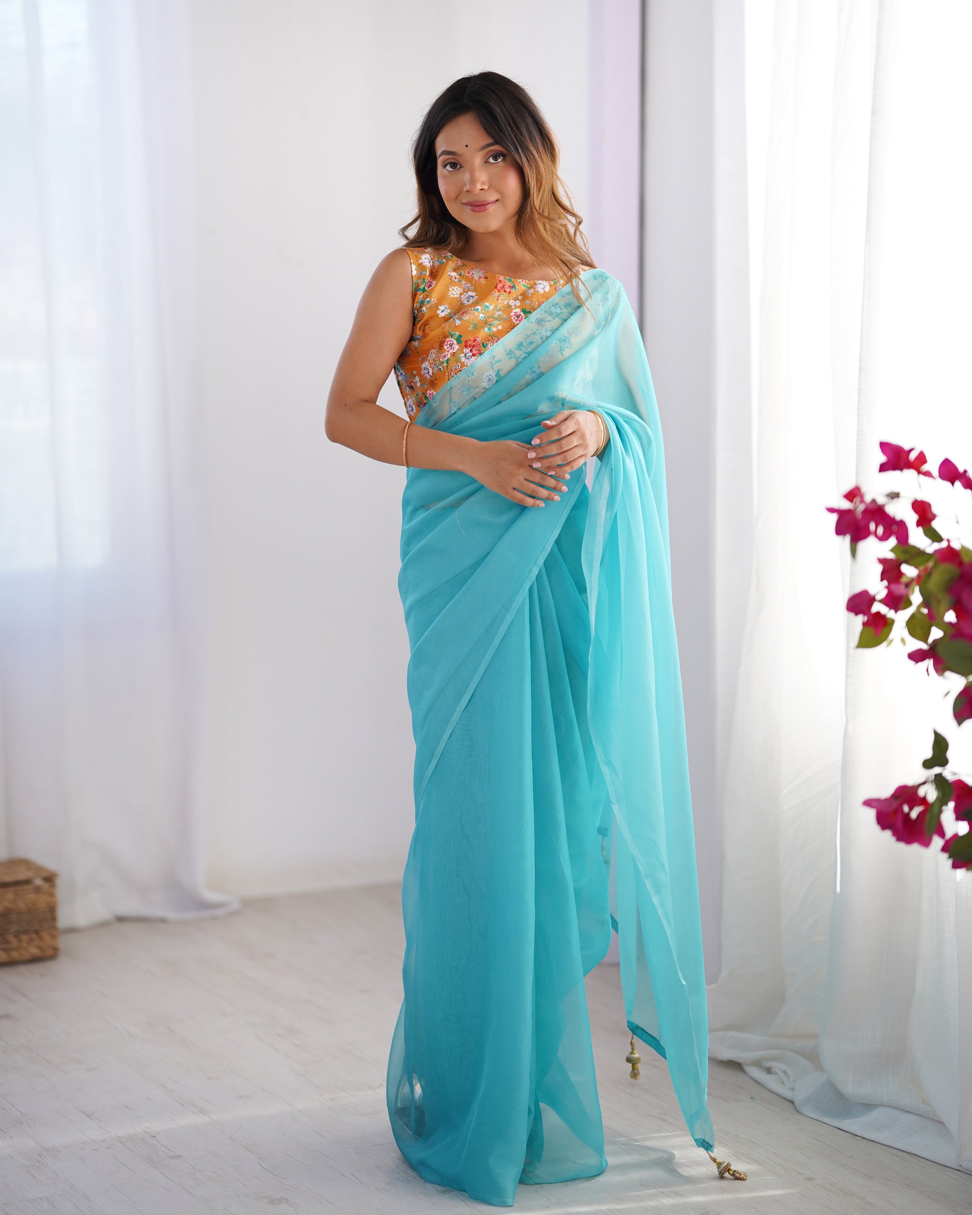 Sky Blue Organza Party Wear Saree | Pink Art Silk Blouse with Designer Printed Work