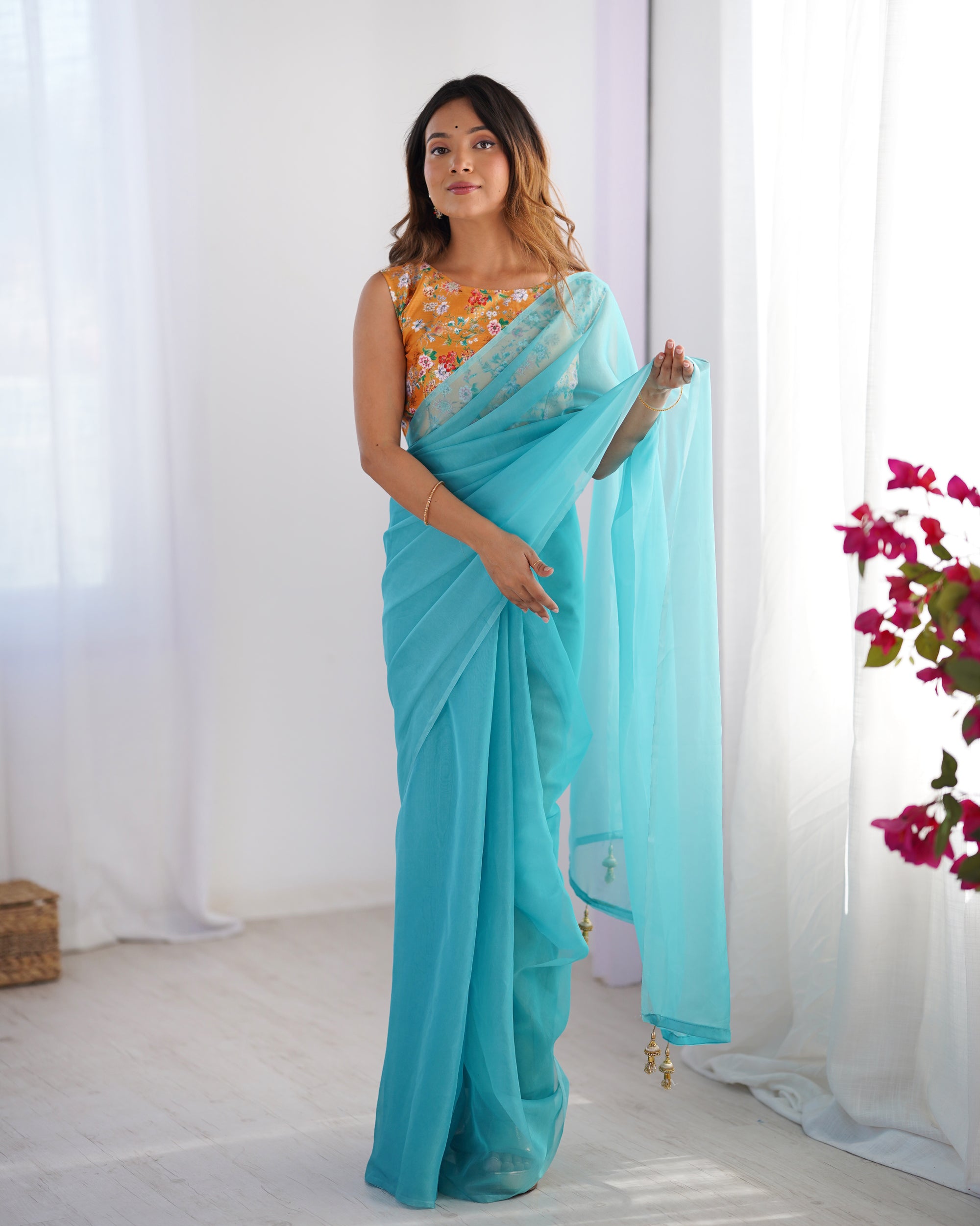 Sky Blue Organza Party Wear Saree | Pink Art Silk Blouse with Designer Printed Work