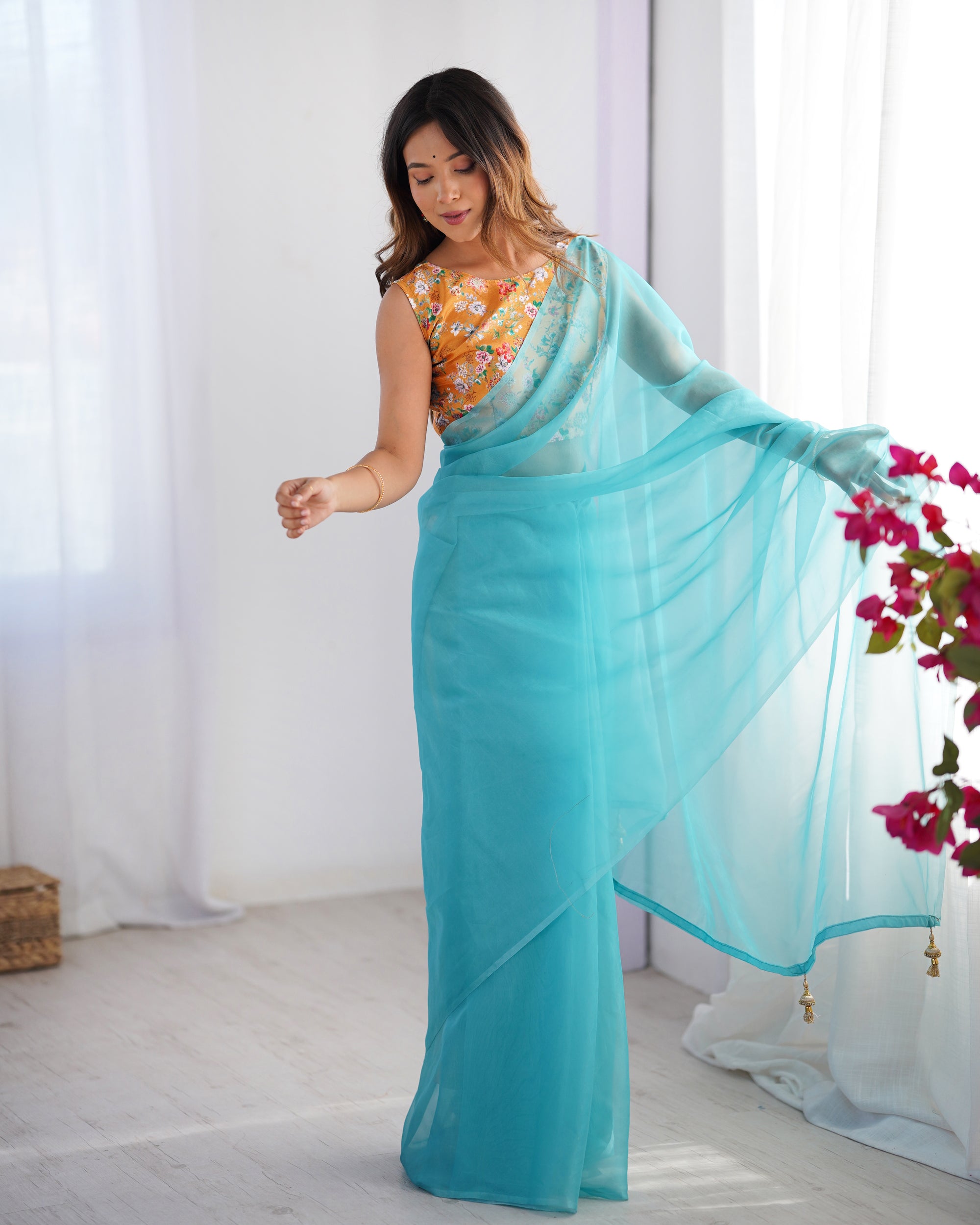 Sky Blue Organza Party Wear Saree | Pink Art Silk Blouse with Designer Printed Work