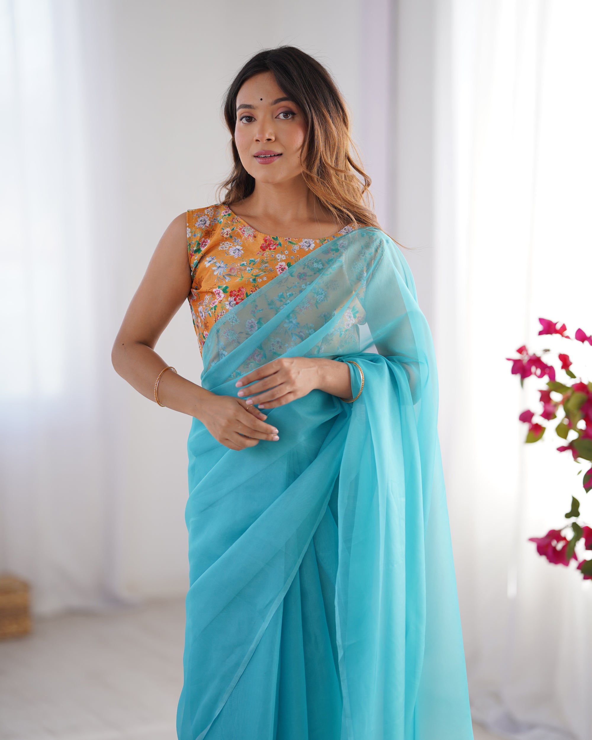 Sky Blue Organza Party Wear Saree | Pink Art Silk Blouse with Designer Printed Work