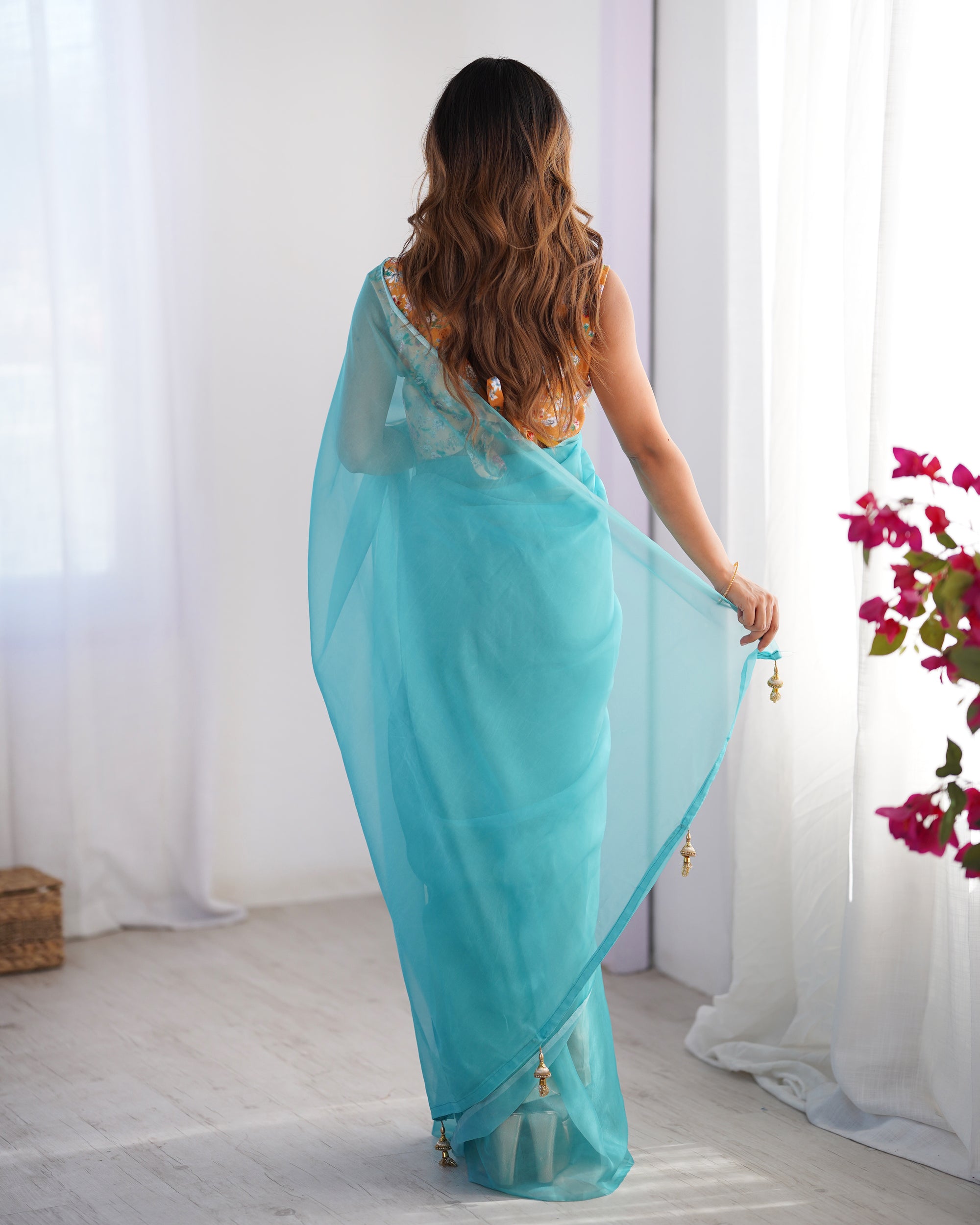 Sky Blue Organza Party Wear Saree | Pink Art Silk Blouse with Designer Printed Work