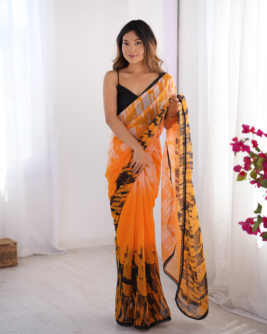 Multi Organza Party Wear Saree | Black Art Silk Blouse with Designer Printed Work
