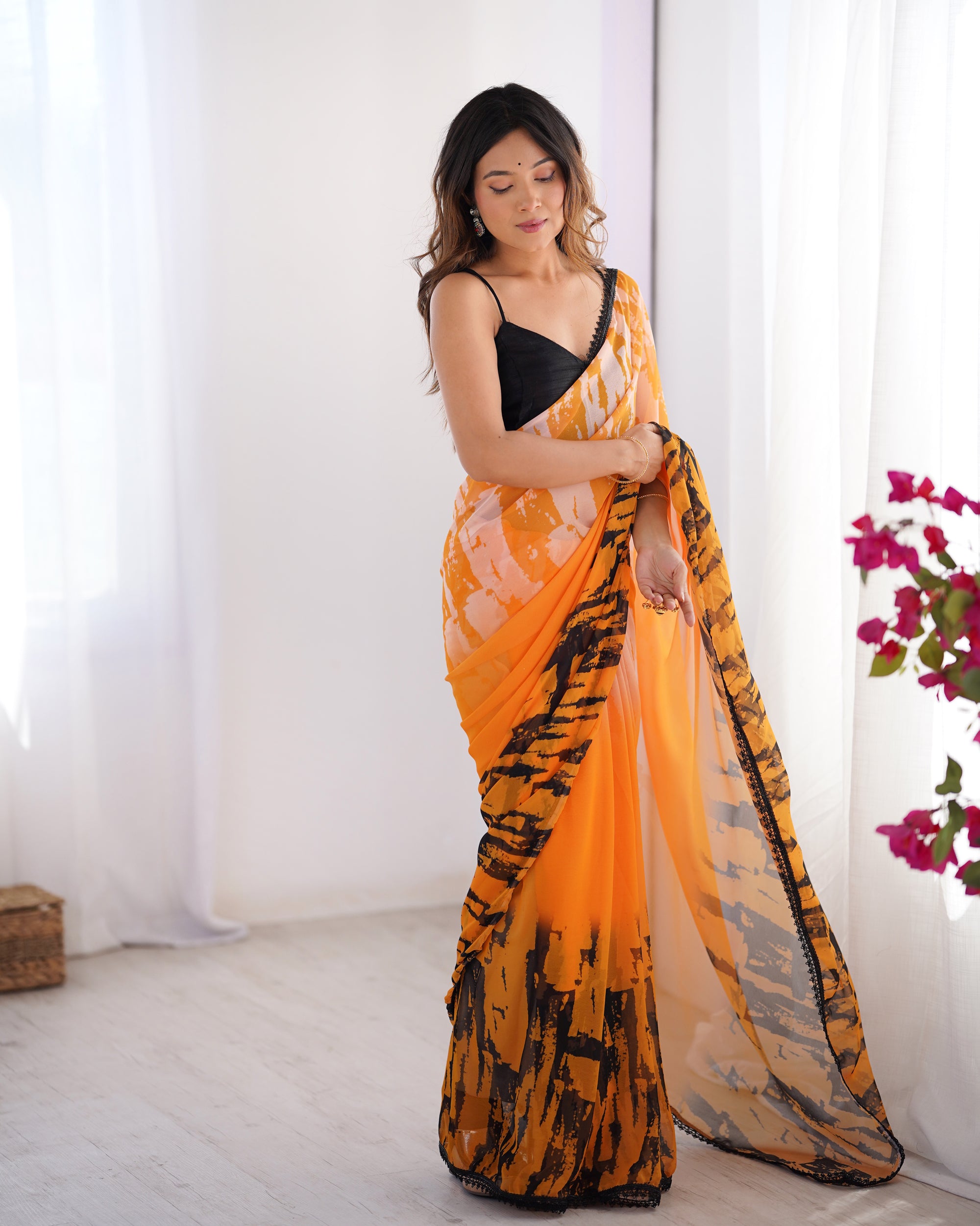 Multi Organza Party Wear Saree | Black Art Silk Blouse with Designer Printed Work