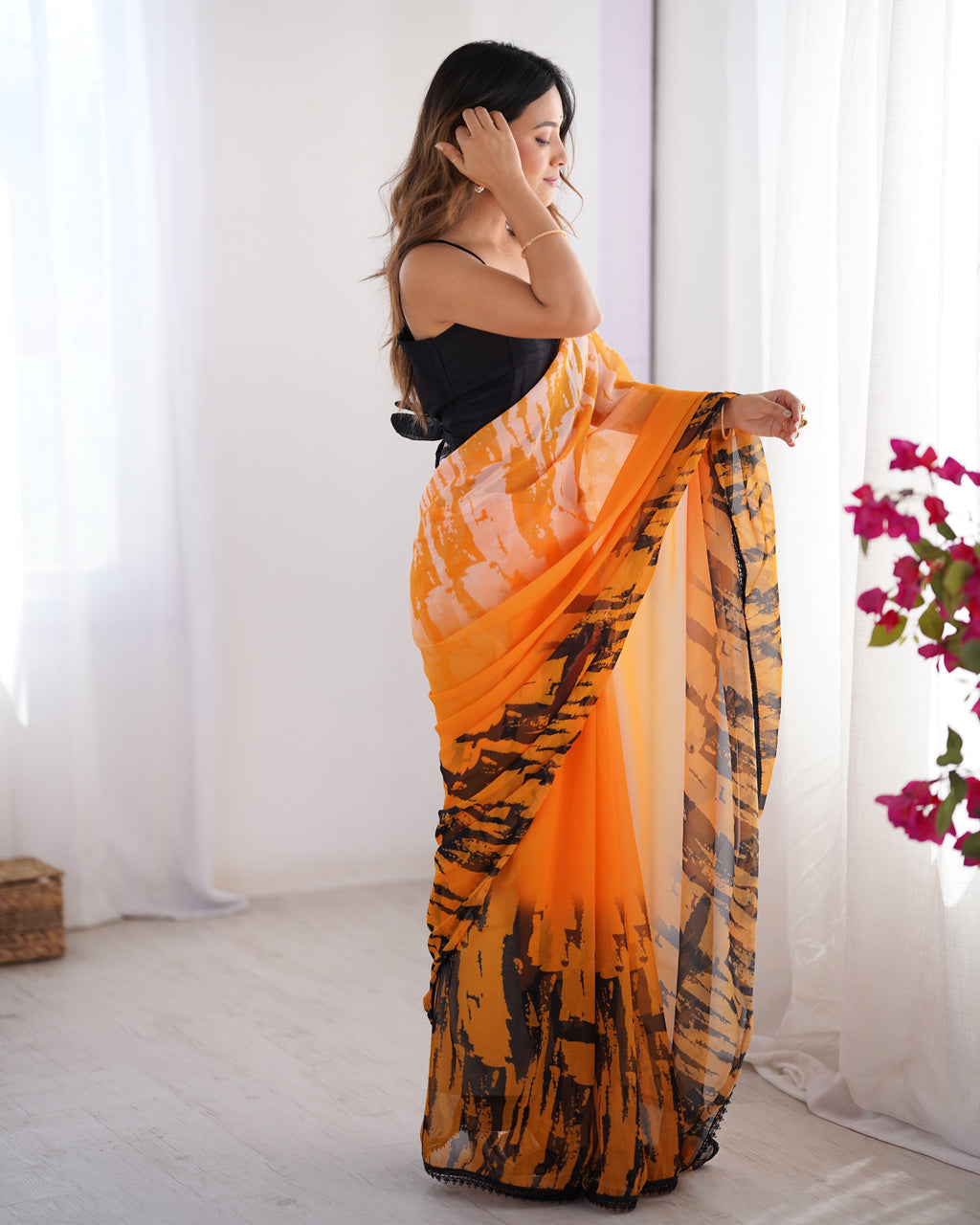 Multi Organza Party Wear Saree | Black Art Silk Blouse with Designer Printed Work