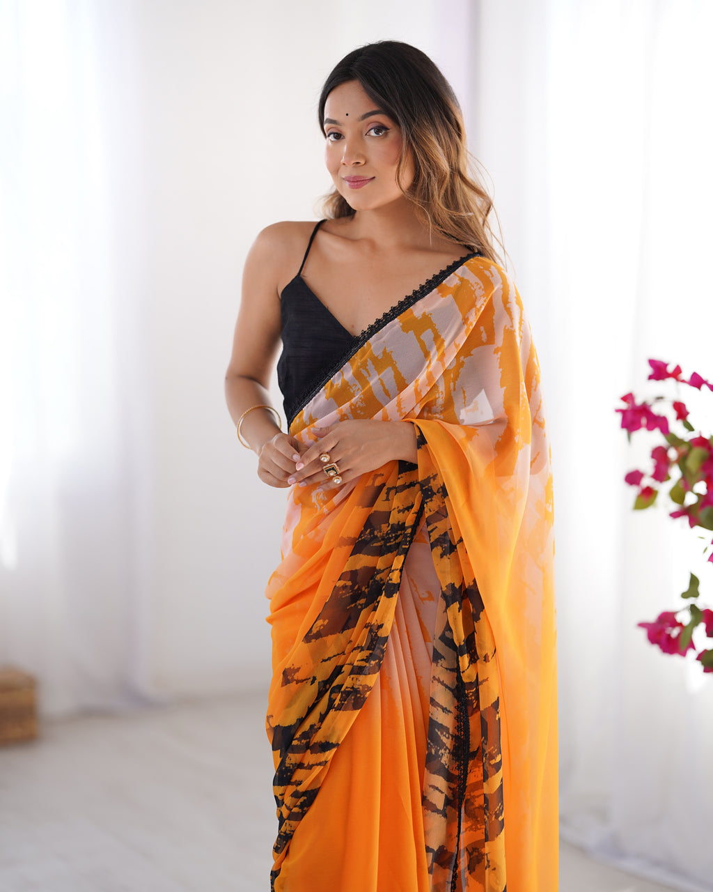 Multi Organza Party Wear Saree | Black Art Silk Blouse with Designer Printed Work