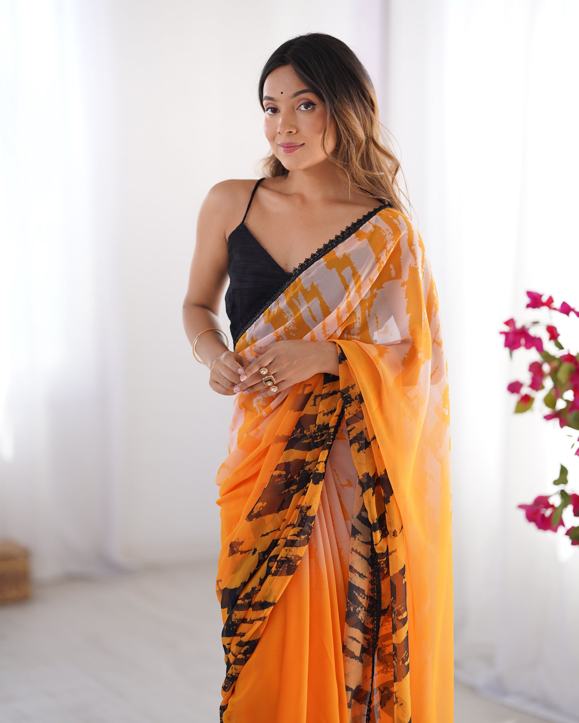Multi Organza Party Wear Saree | Black Art Silk Blouse with Designer Printed Work