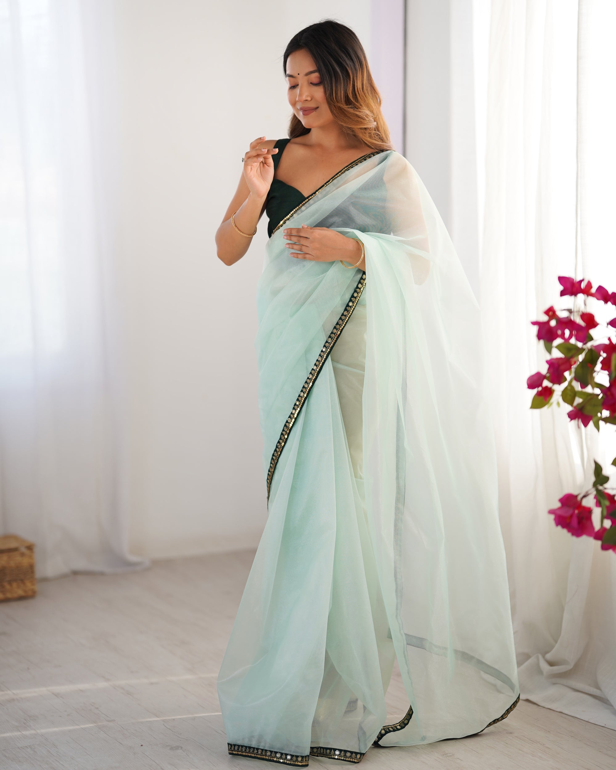 Pista Green Organza Party Wear Saree | Green Art Silk Blouse with Designer Printed Work