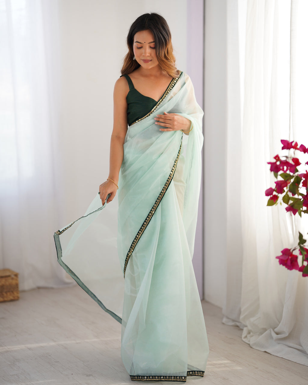 Pista Green Organza Party Wear Saree | Green Art Silk Blouse with Designer Printed Work