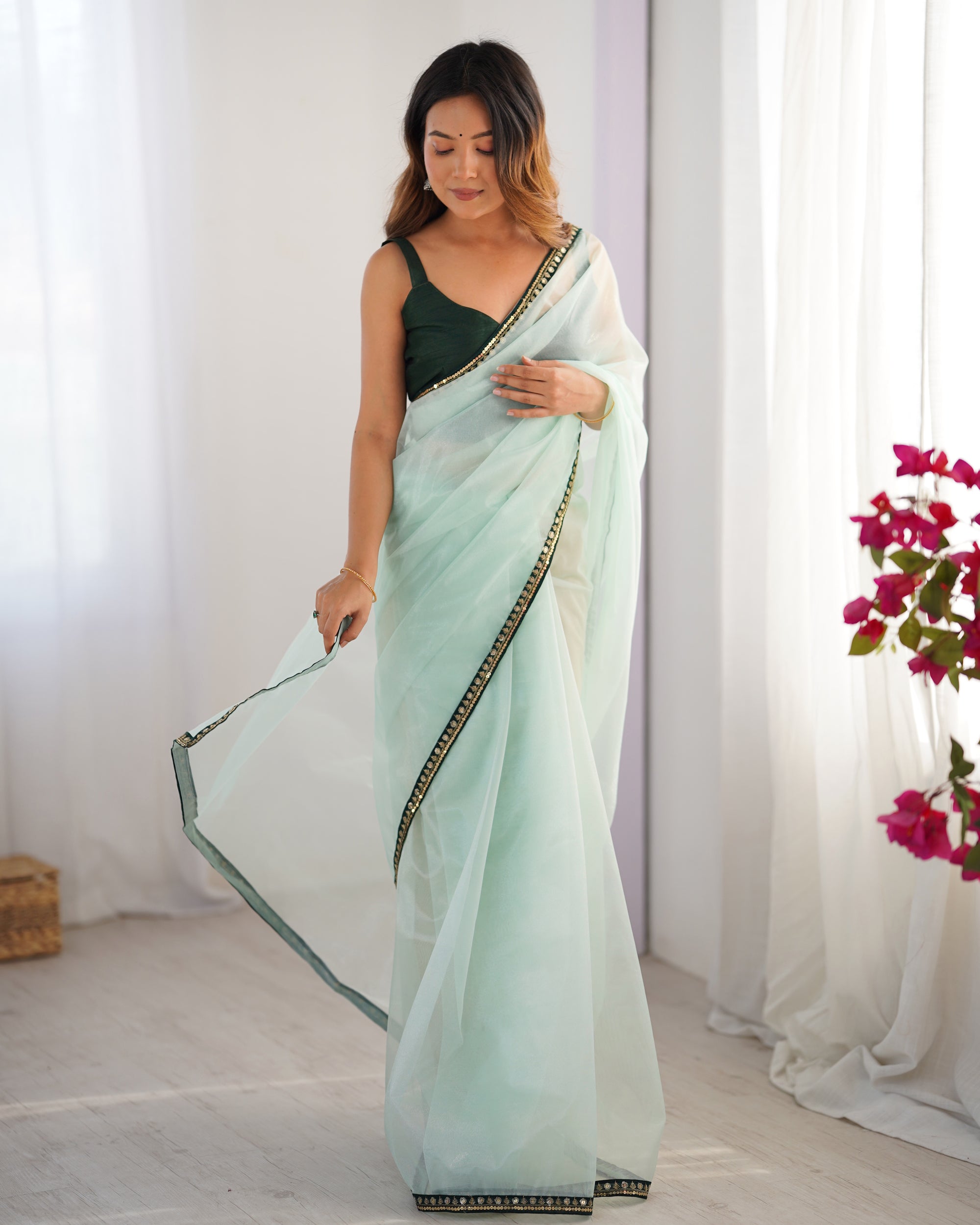 Pista Green Organza Party Wear Saree | Green Art Silk Blouse with Designer Printed Work