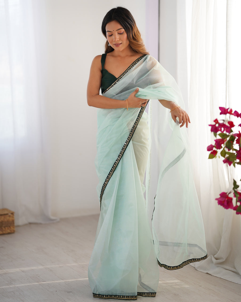 Pista Green Organza Party Wear Saree | Green Art Silk Blouse with Designer Printed Work