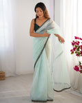 Pista Green Organza Party Wear Saree | Green Art Silk Blouse with Designer Printed Work