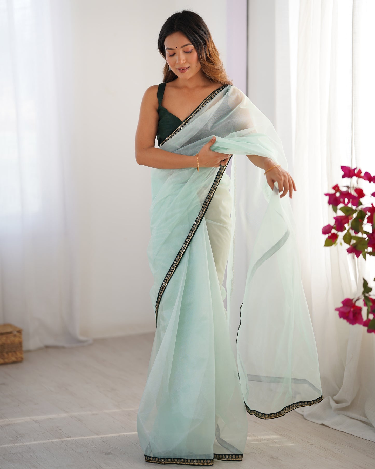 Pista Green Organza Party Wear Saree | Green Art Silk Blouse with Designer Printed Work