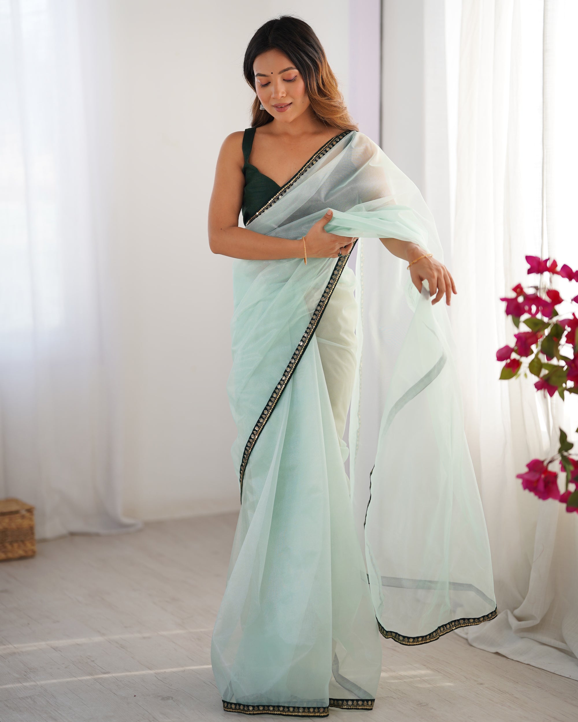 Pista Green Organza Party Wear Saree | Green Art Silk Blouse with Designer Printed Work
