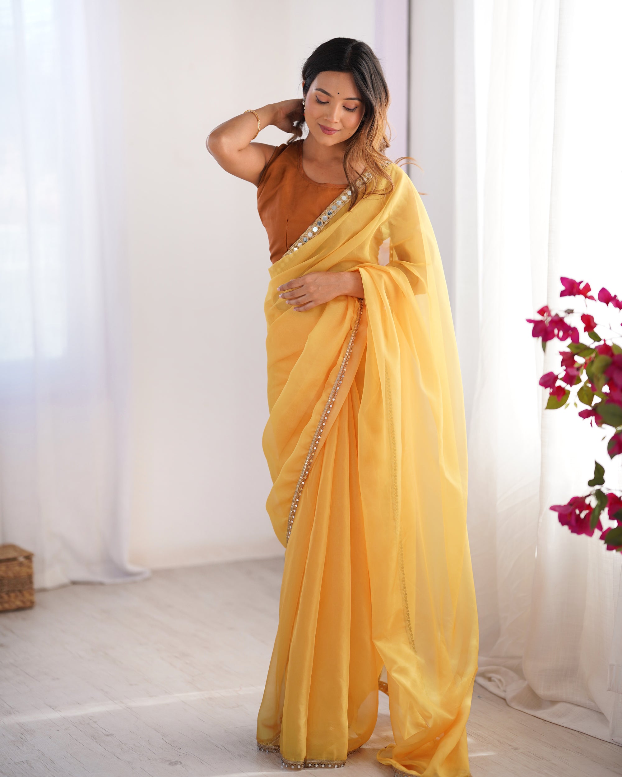 Pink Organza Party Wear Saree | Brown Art Silk Blouse with Designer Printed Work