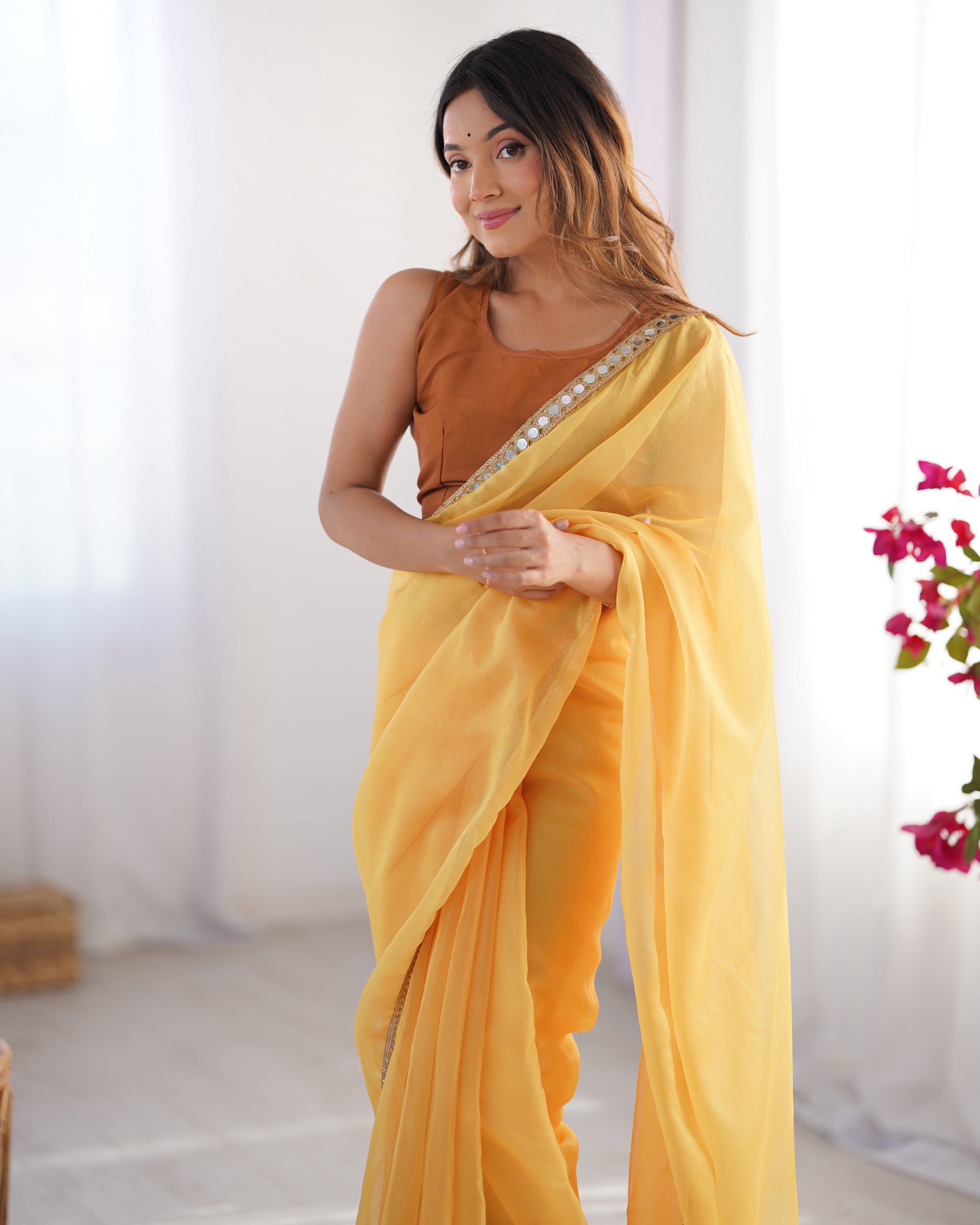 Pink Organza Party Wear Saree | Brown Art Silk Blouse with Designer Printed Work