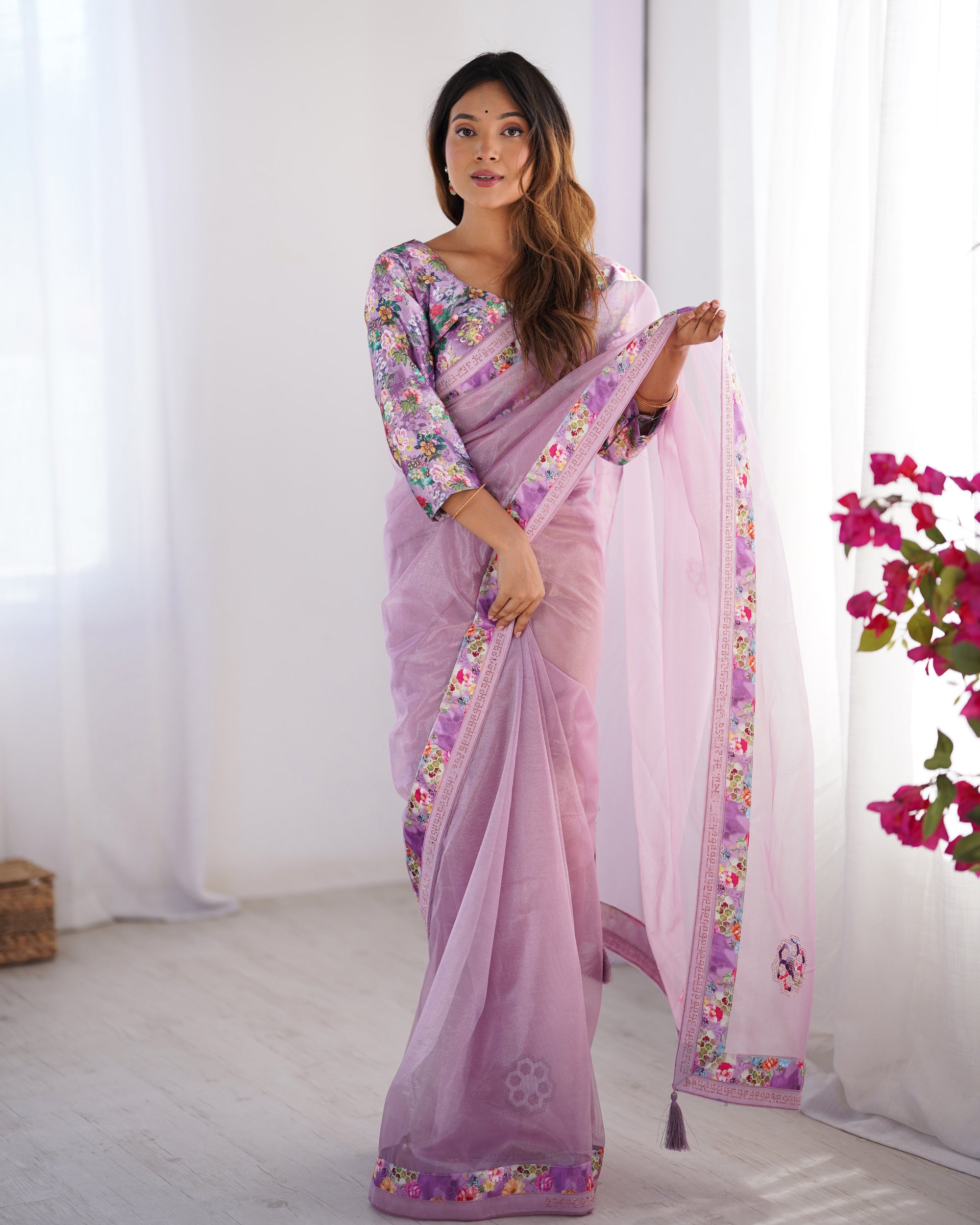 Purple Twill Net Party Wear Saree | Pink Art Silk Blouse with Designer Lace Work