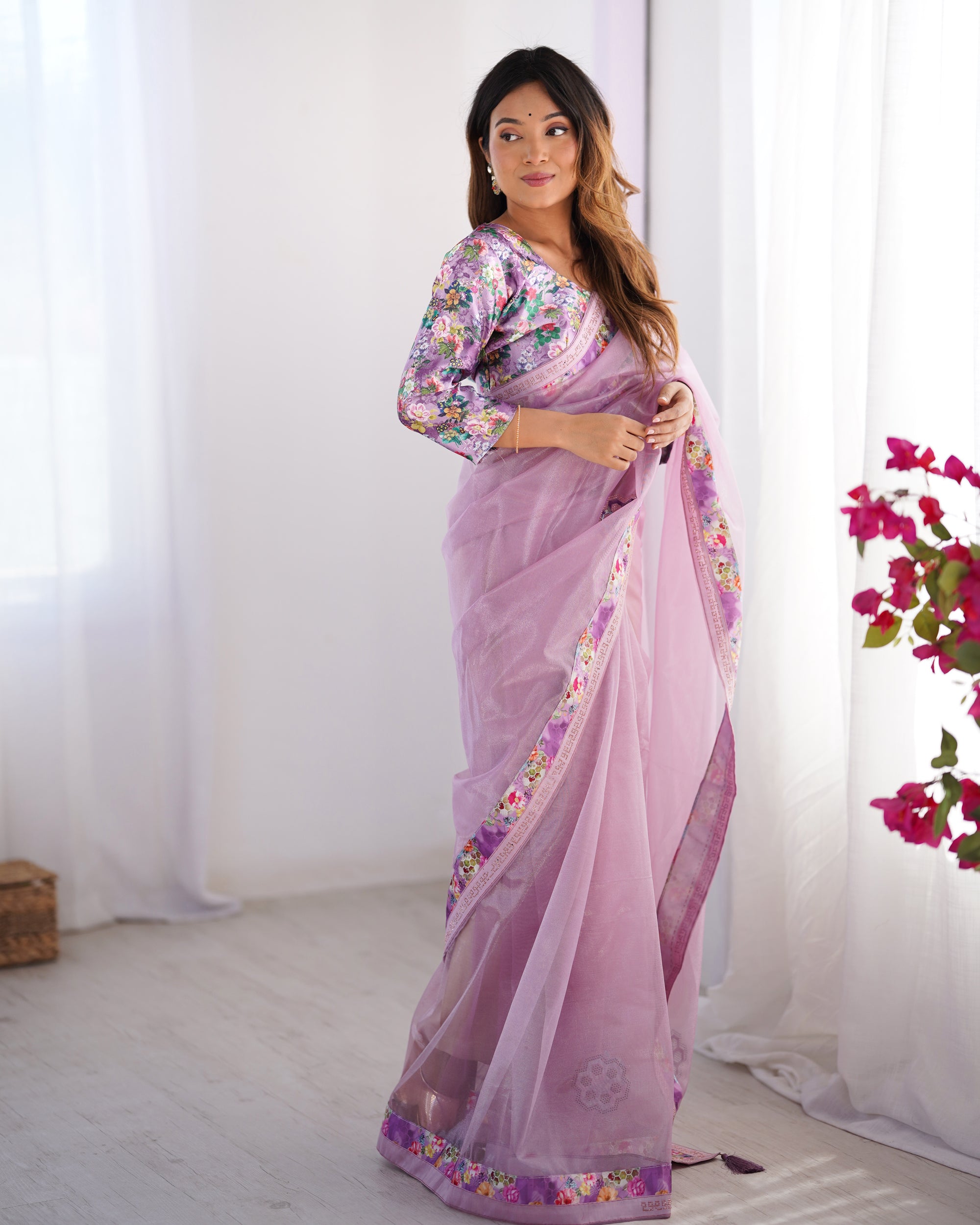 Purple Twill Net Party Wear Saree | Pink Art Silk Blouse with Designer Lace Work