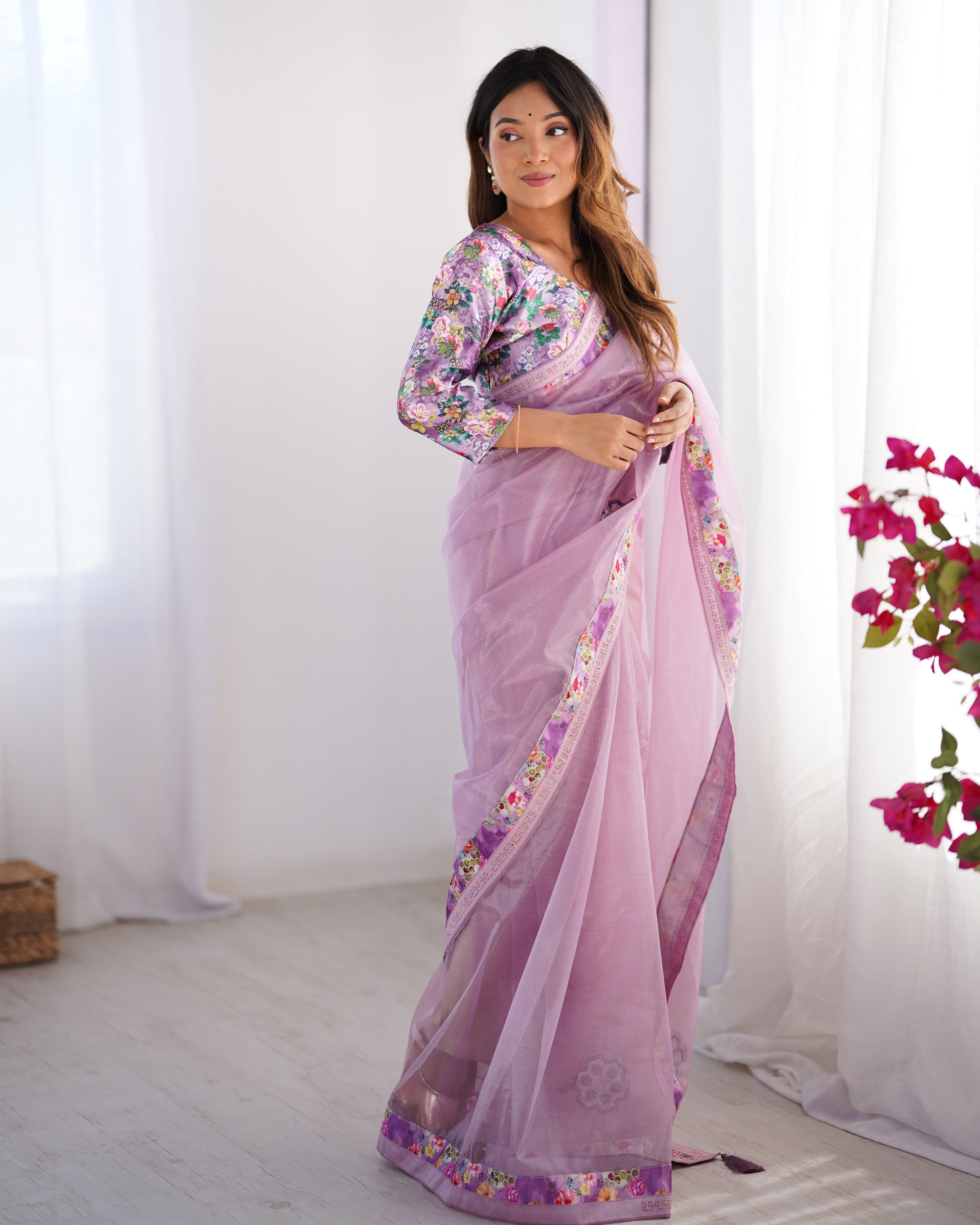 Purple Twill Net Party Wear Saree | Pink Art Silk Blouse with Designer Lace Work