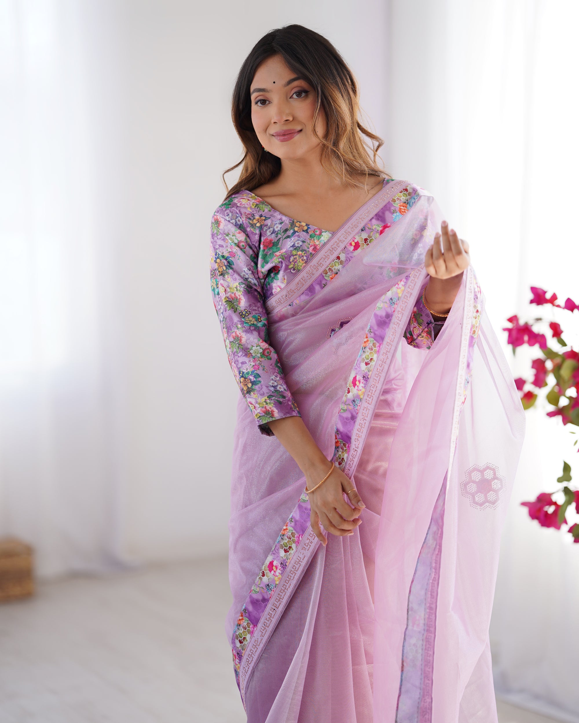Purple Twill Net Party Wear Saree | Pink Art Silk Blouse with Designer Lace Work