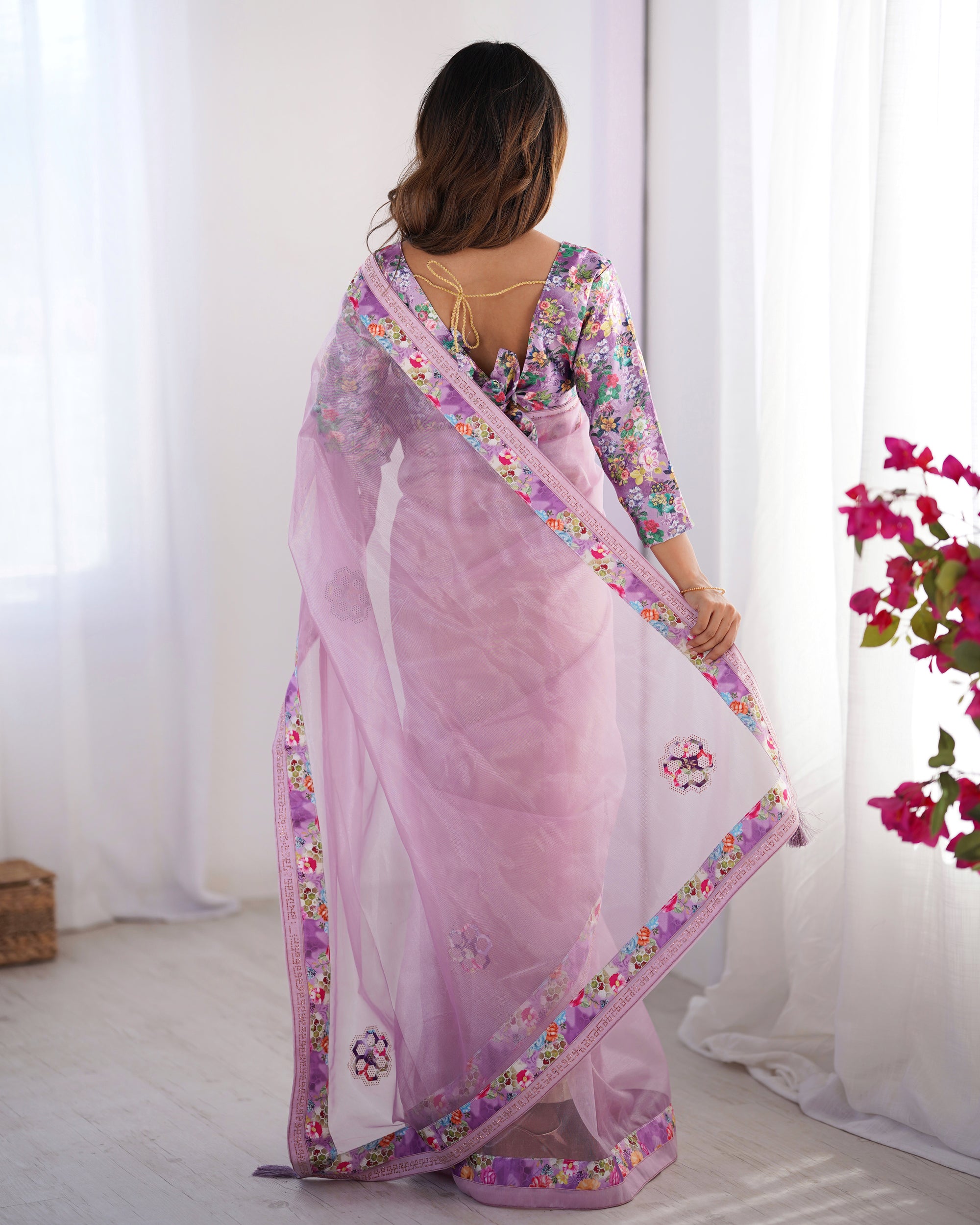 Purple Twill Net Party Wear Saree | Pink Art Silk Blouse with Designer Lace Work