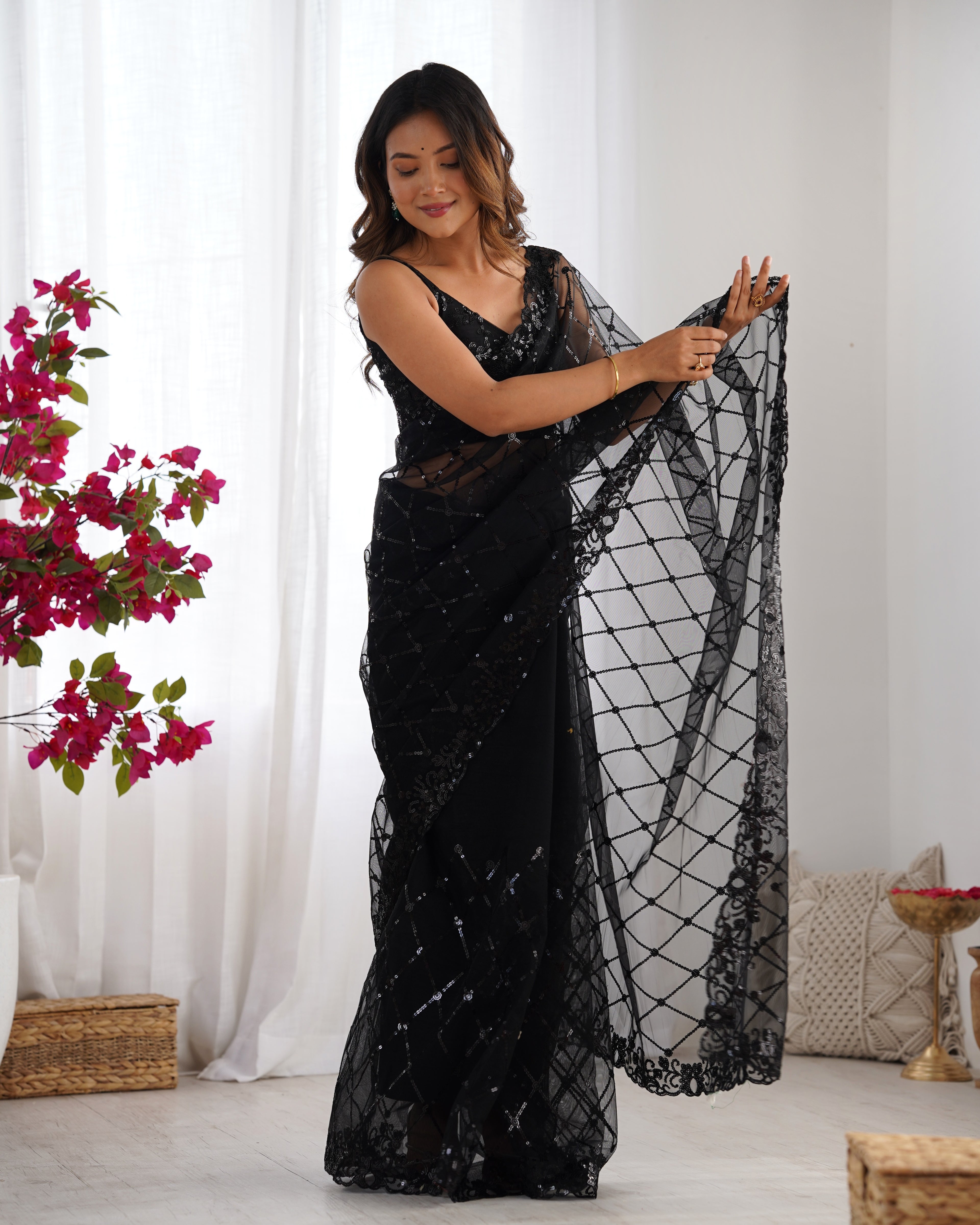 Midnight Black Soft Net Saree | Designer Sequin Embroidery Party Wear