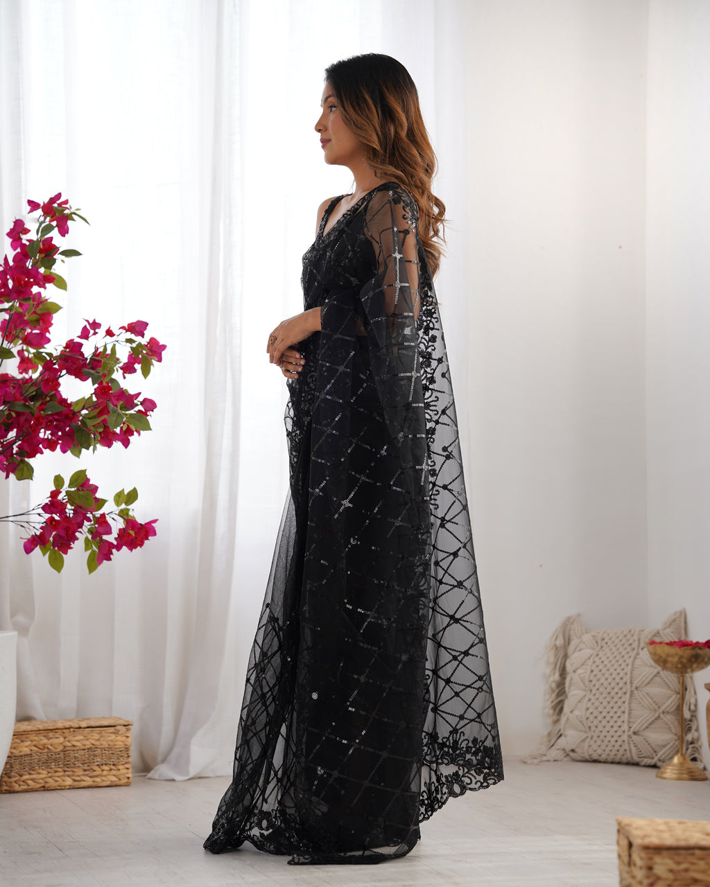 Midnight Black Soft Net Saree | Designer Sequin Embroidery Party Wear
