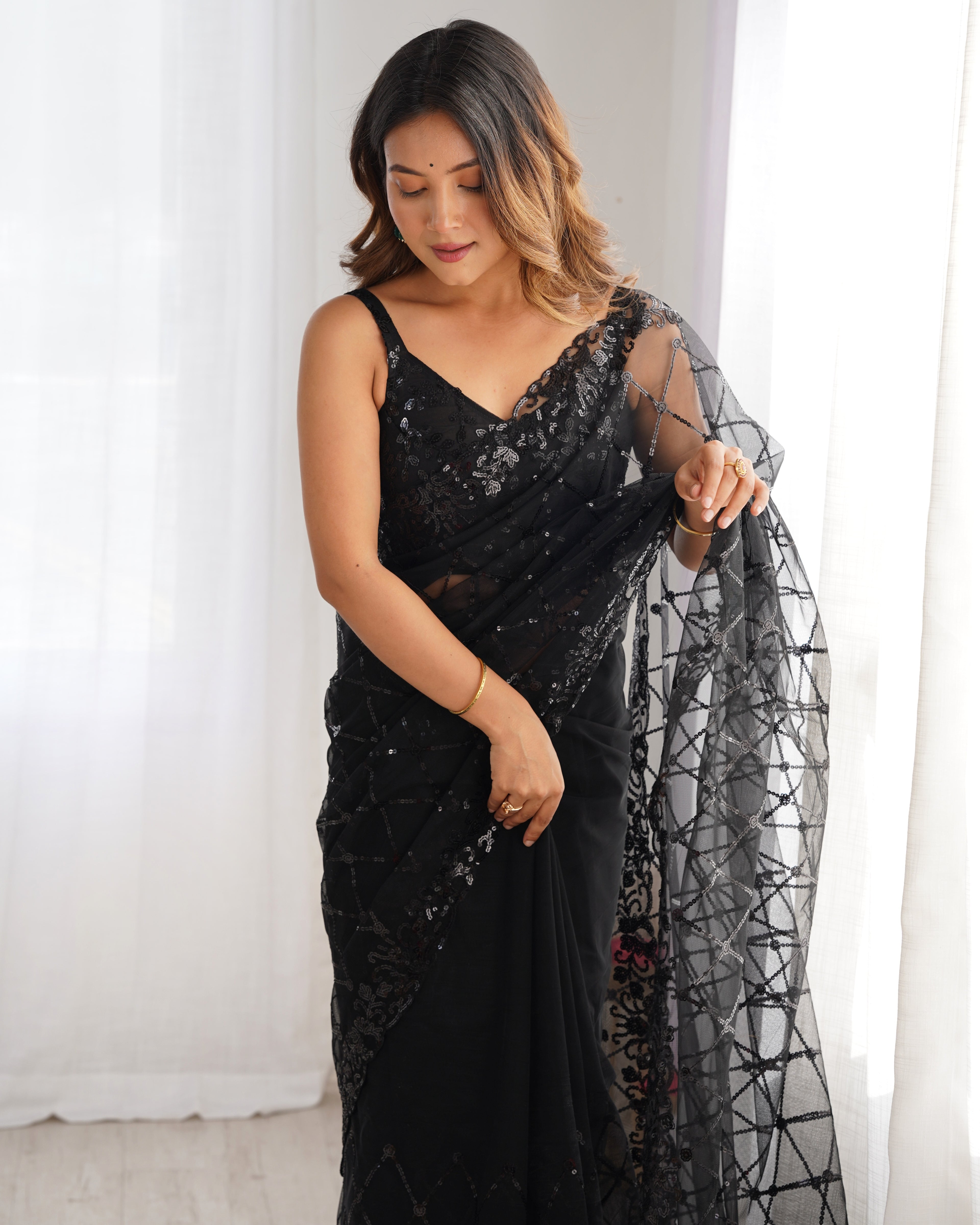 Midnight Black Soft Net Saree | Designer Sequin Embroidery Party Wear