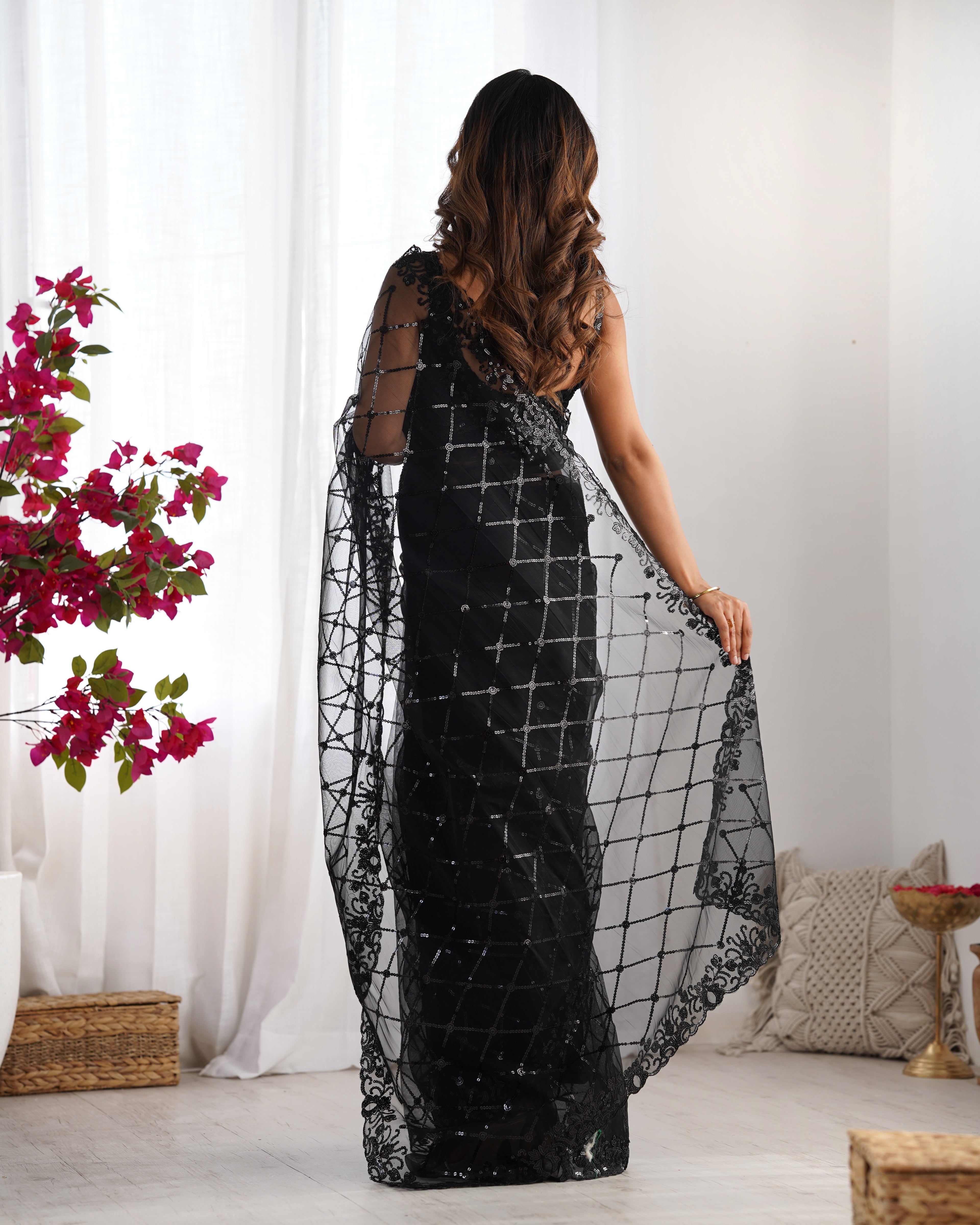 Midnight Black Soft Net Saree | Designer Sequin Embroidery Party Wear