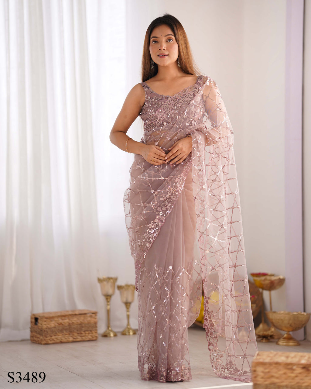 Elegant Onion Soft Net Saree | Designer Sequin Embroidery Party Wear