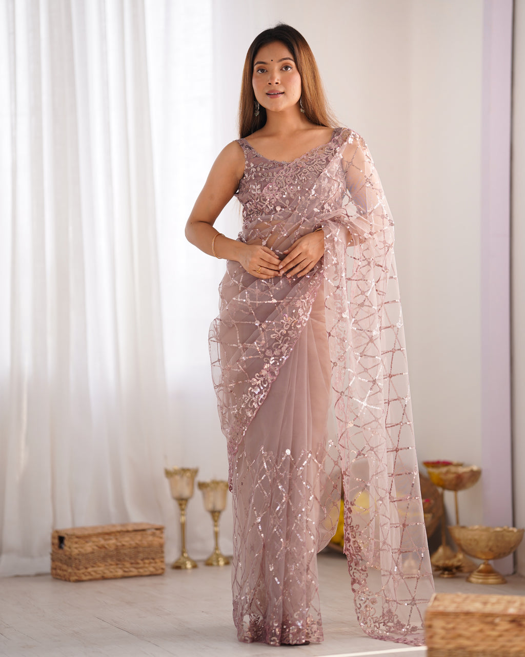 Elegant Onion Soft Net Saree | Designer Sequin Embroidery Party Wear