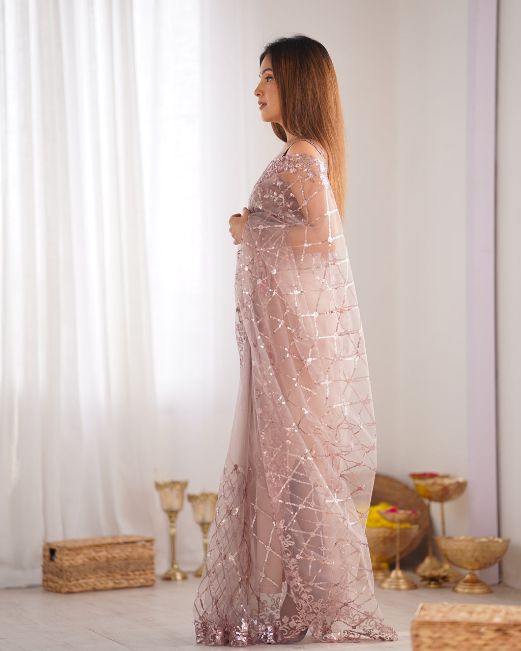 Elegant Onion Soft Net Saree | Designer Sequin Embroidery Party Wear