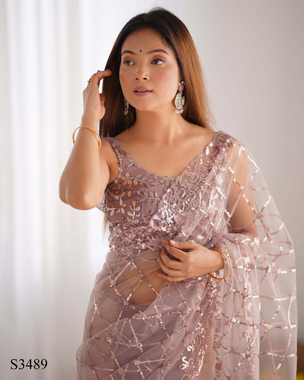 Elegant Onion Soft Net Saree | Designer Sequin Embroidery Party Wear