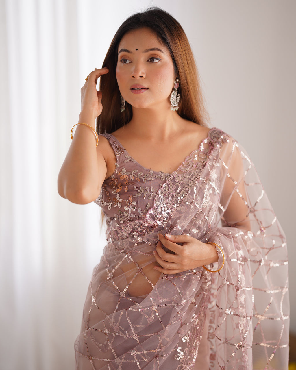 Elegant Onion Soft Net Saree | Designer Sequin Embroidery Party Wear