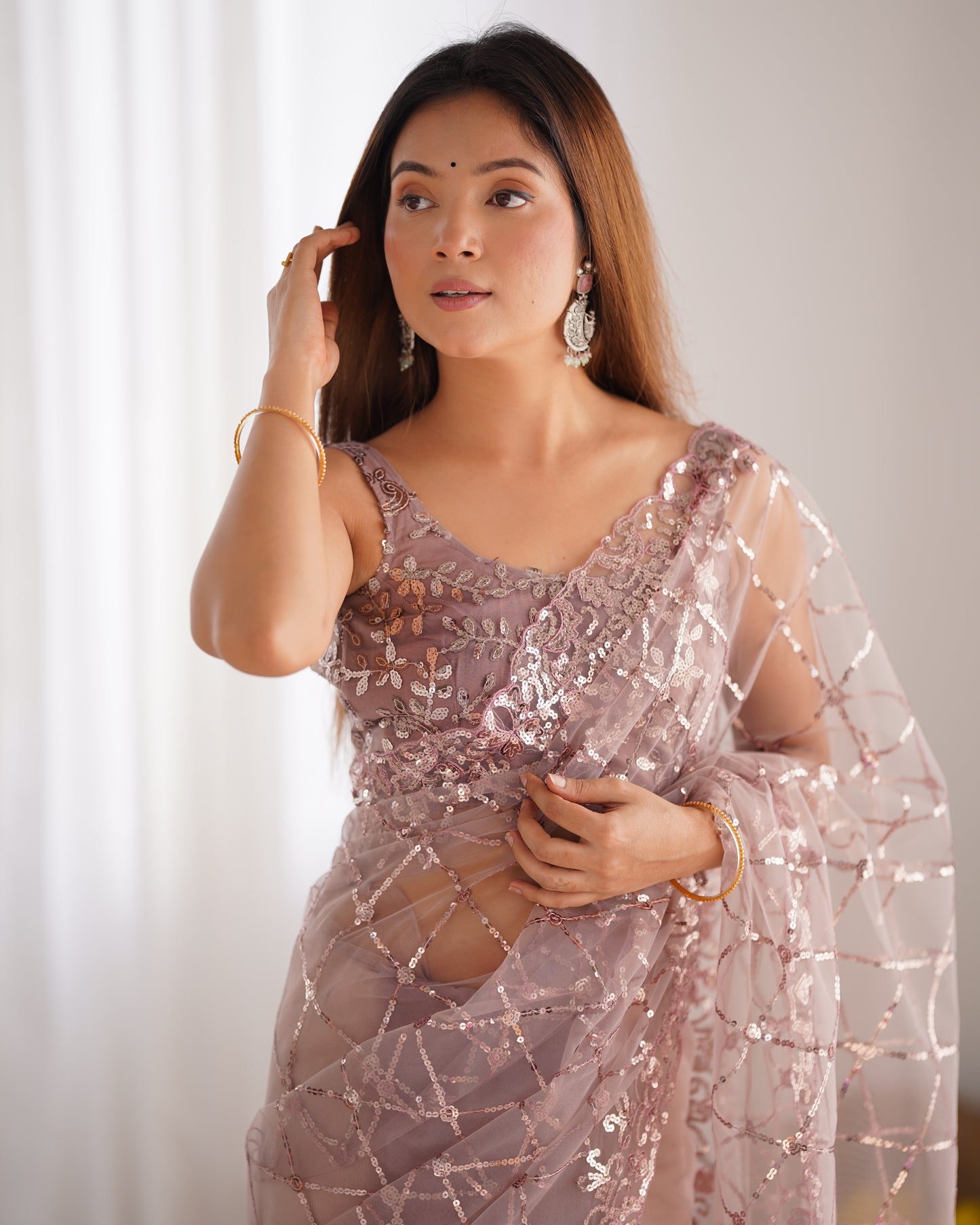 Elegant Onion Soft Net Saree | Designer Sequin Embroidery Party Wear