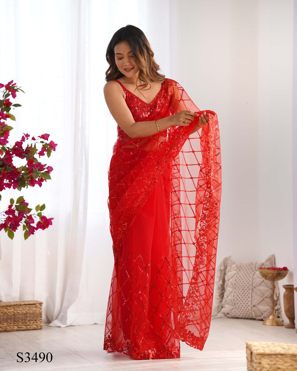 Passionate Red Soft Net Saree | Designer Sequin Embroidery Party Wear
