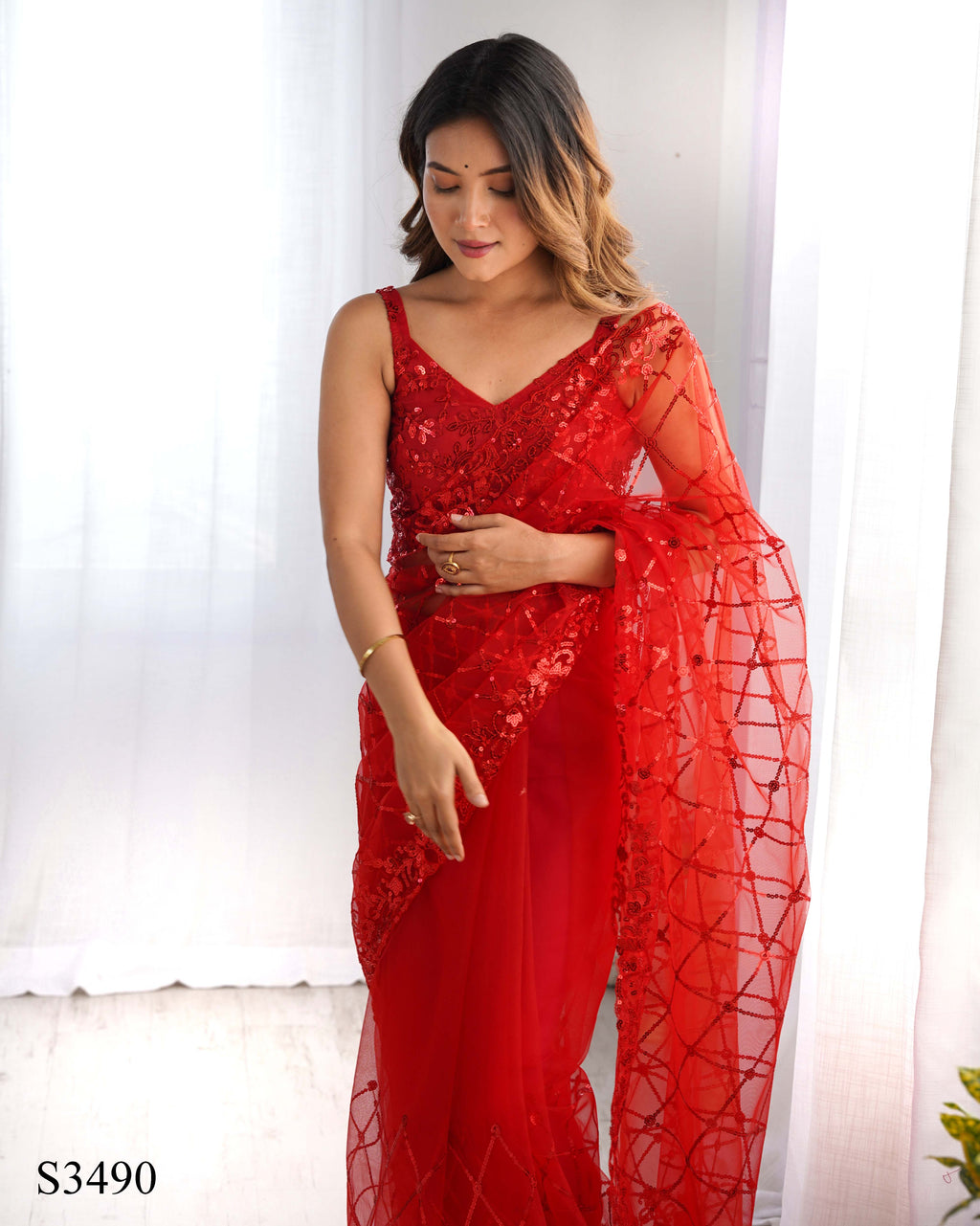 Passionate Red Soft Net Saree | Designer Sequin Embroidery Party Wear