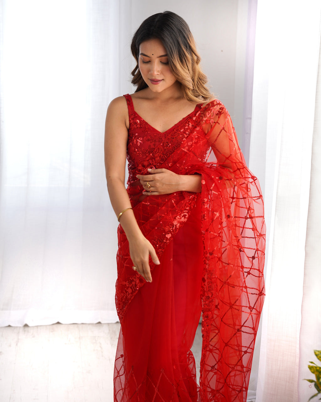 Passionate Red Soft Net Saree | Designer Sequin Embroidery Party Wear