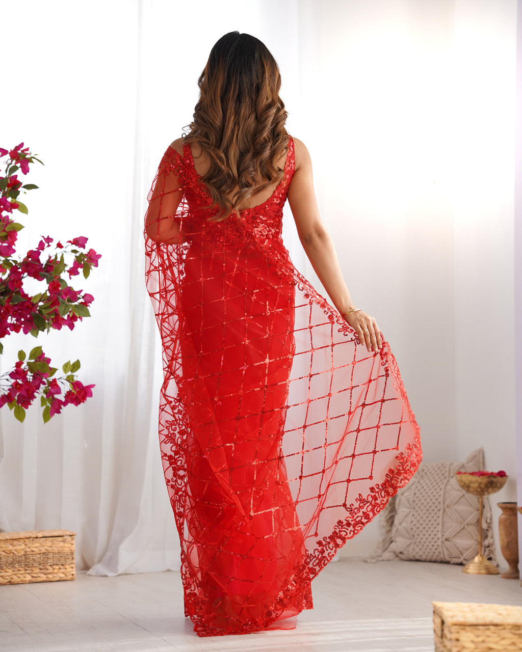 Passionate Red Soft Net Saree | Designer Sequin Embroidery Party Wear