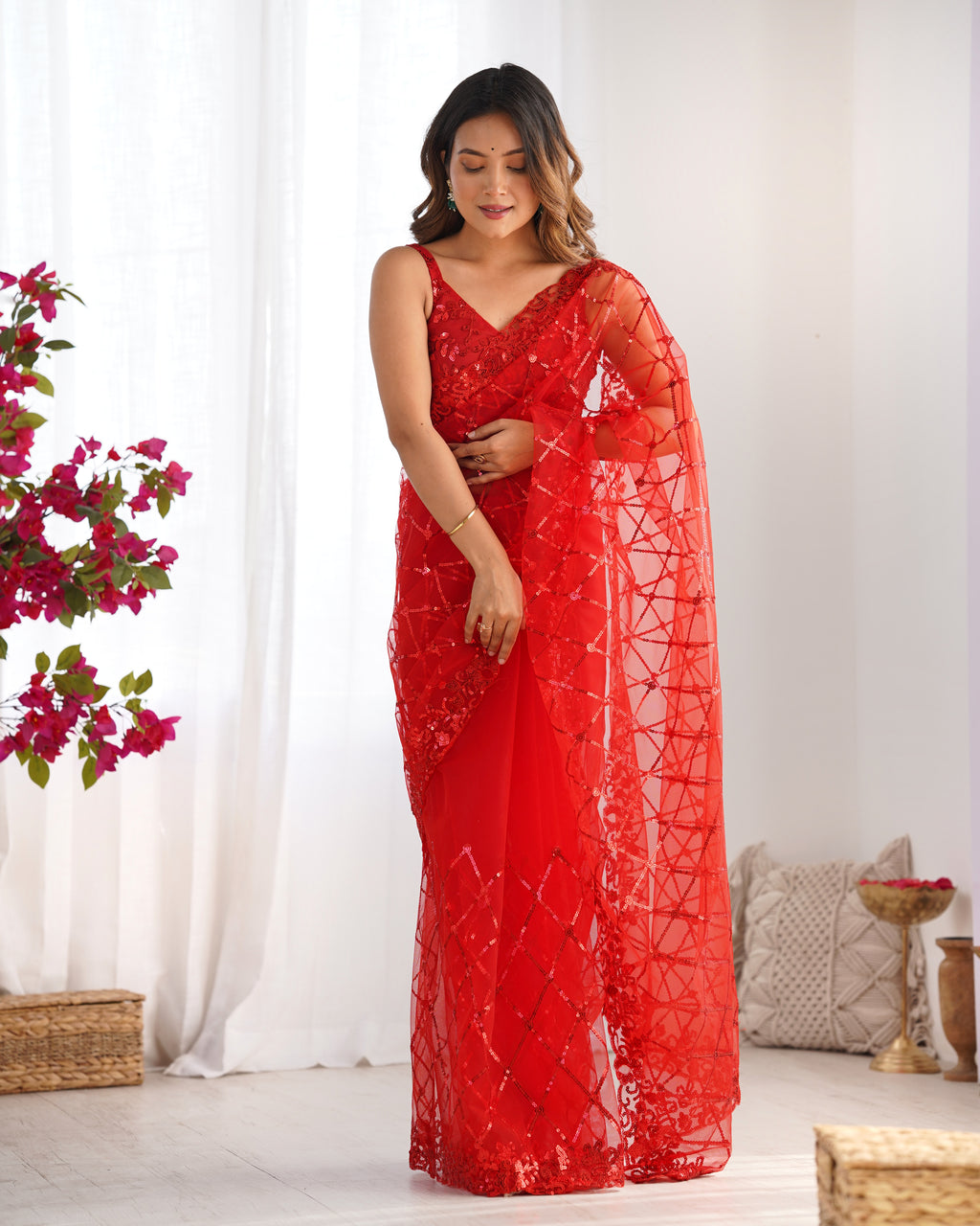 Passionate Red Soft Net Saree | Designer Sequin Embroidery Party Wear