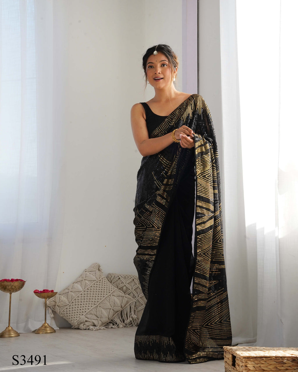 Midnight Black Georgette Saree | Diamond Silk Blouse with Sequance Embroidery Couture