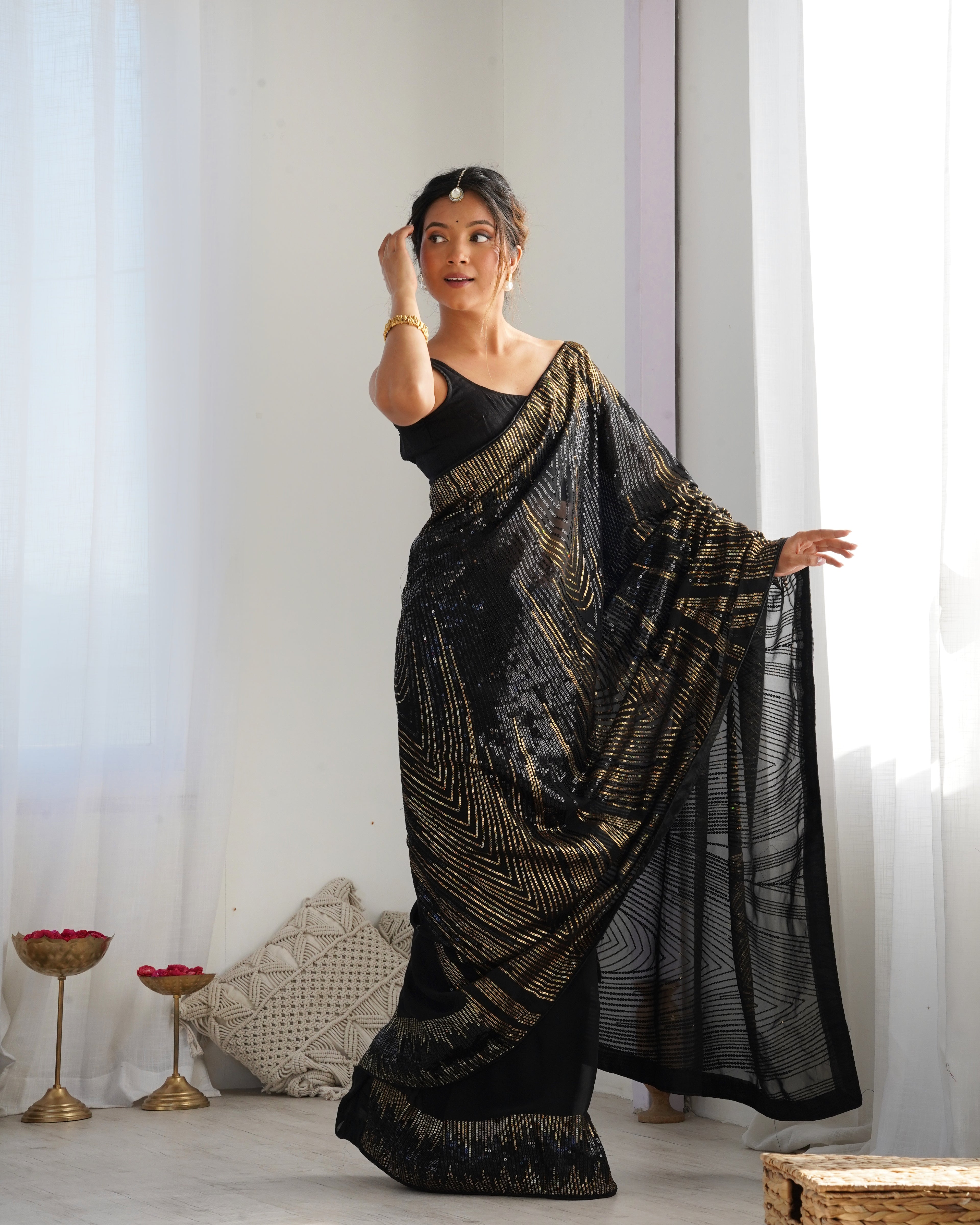 Midnight Black Georgette Saree | Diamond Silk Blouse with Sequance Embroidery Couture