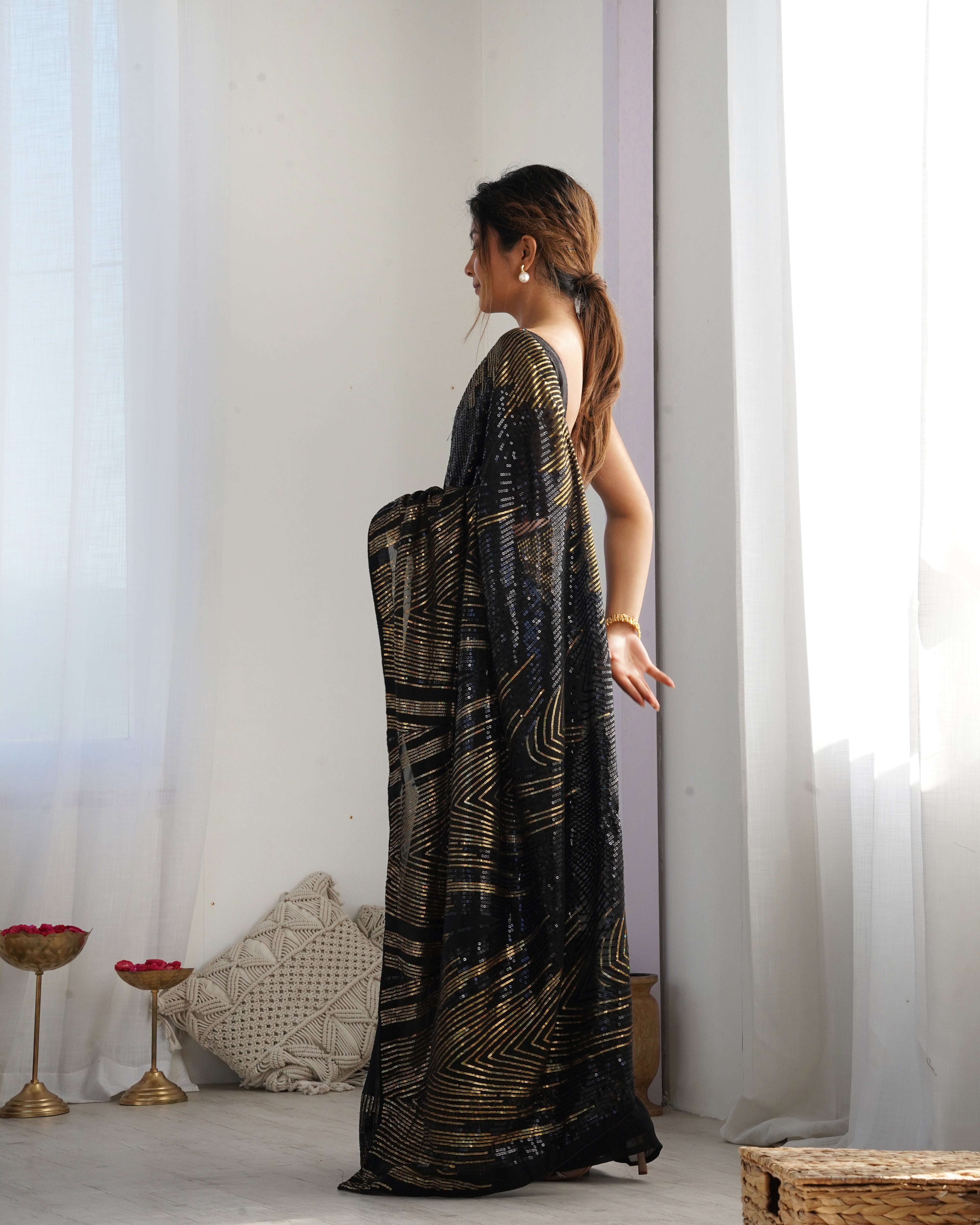 Midnight Black Georgette Saree | Diamond Silk Blouse with Sequance Embroidery Couture