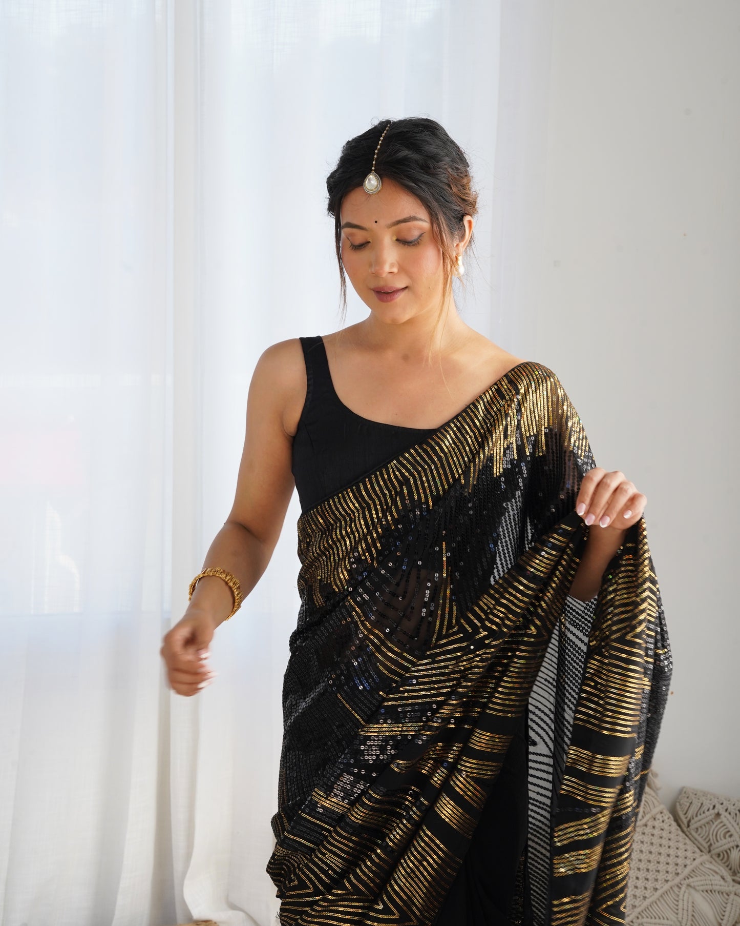 Midnight Black Georgette Saree | Diamond Silk Blouse with Sequance Embroidery Couture