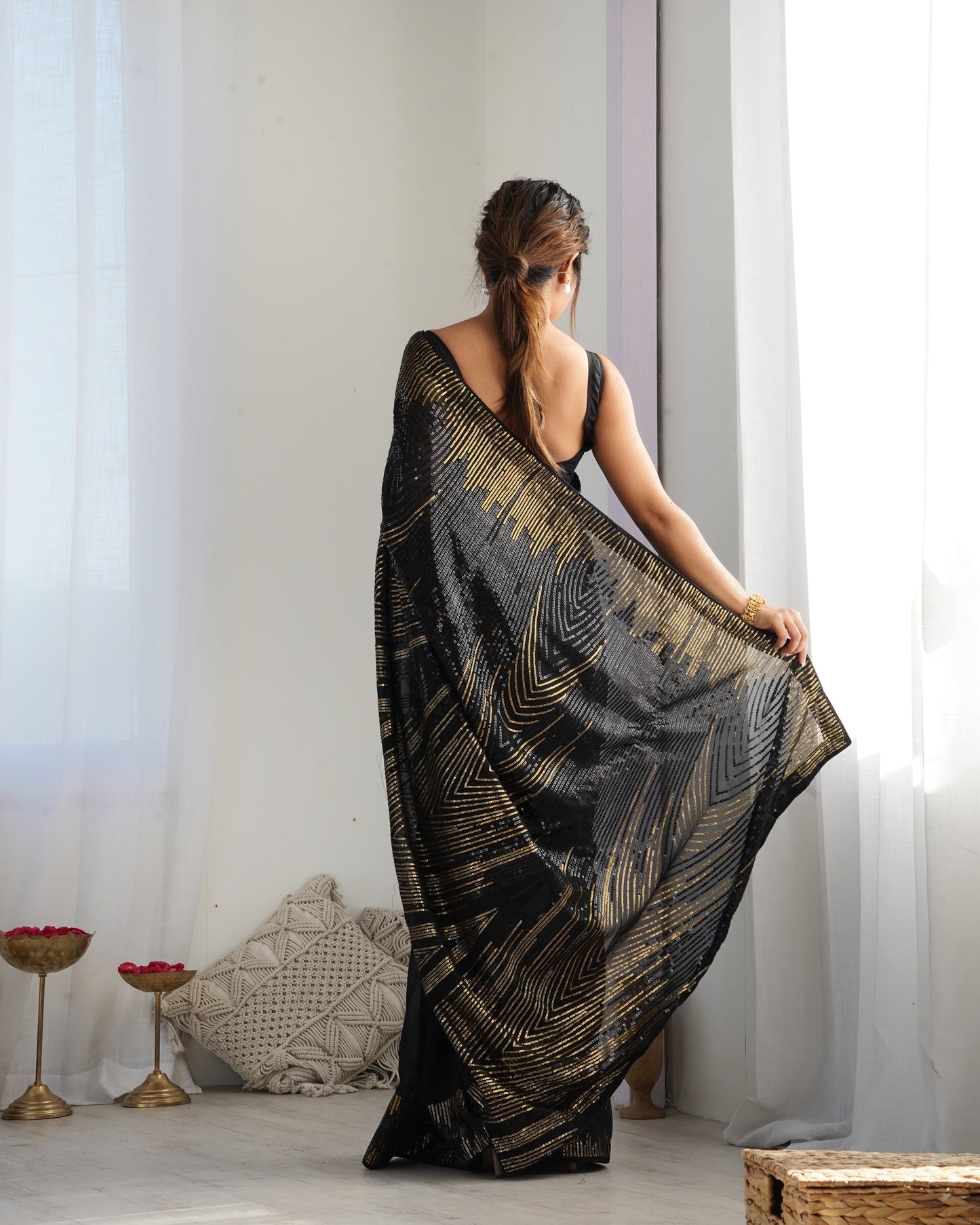 Midnight Black Georgette Saree | Diamond Silk Blouse with Sequance Embroidery Couture