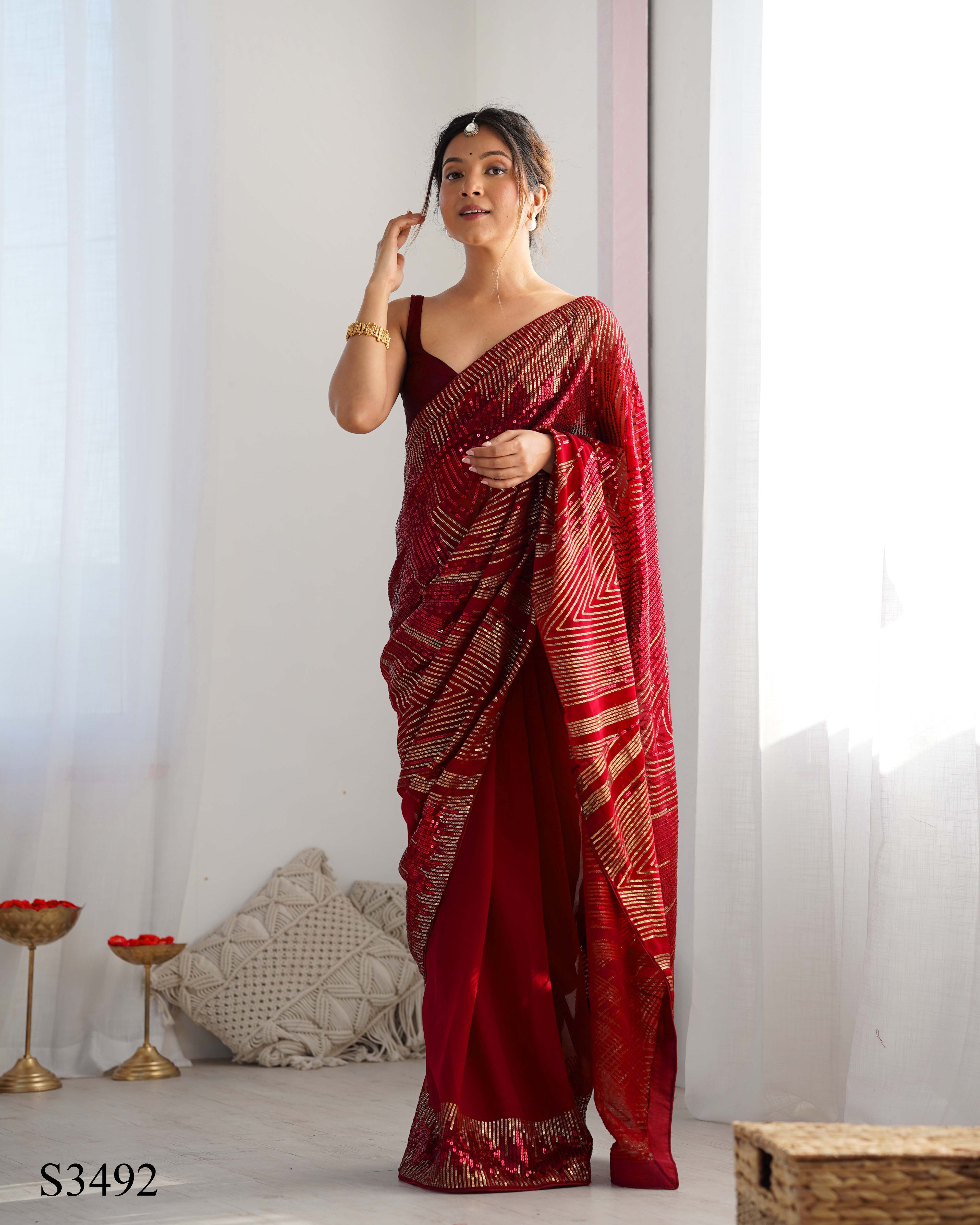 Royal Maroon Georgette Saree | Diamond Silk Blouse with Sequance Embroidery Couture