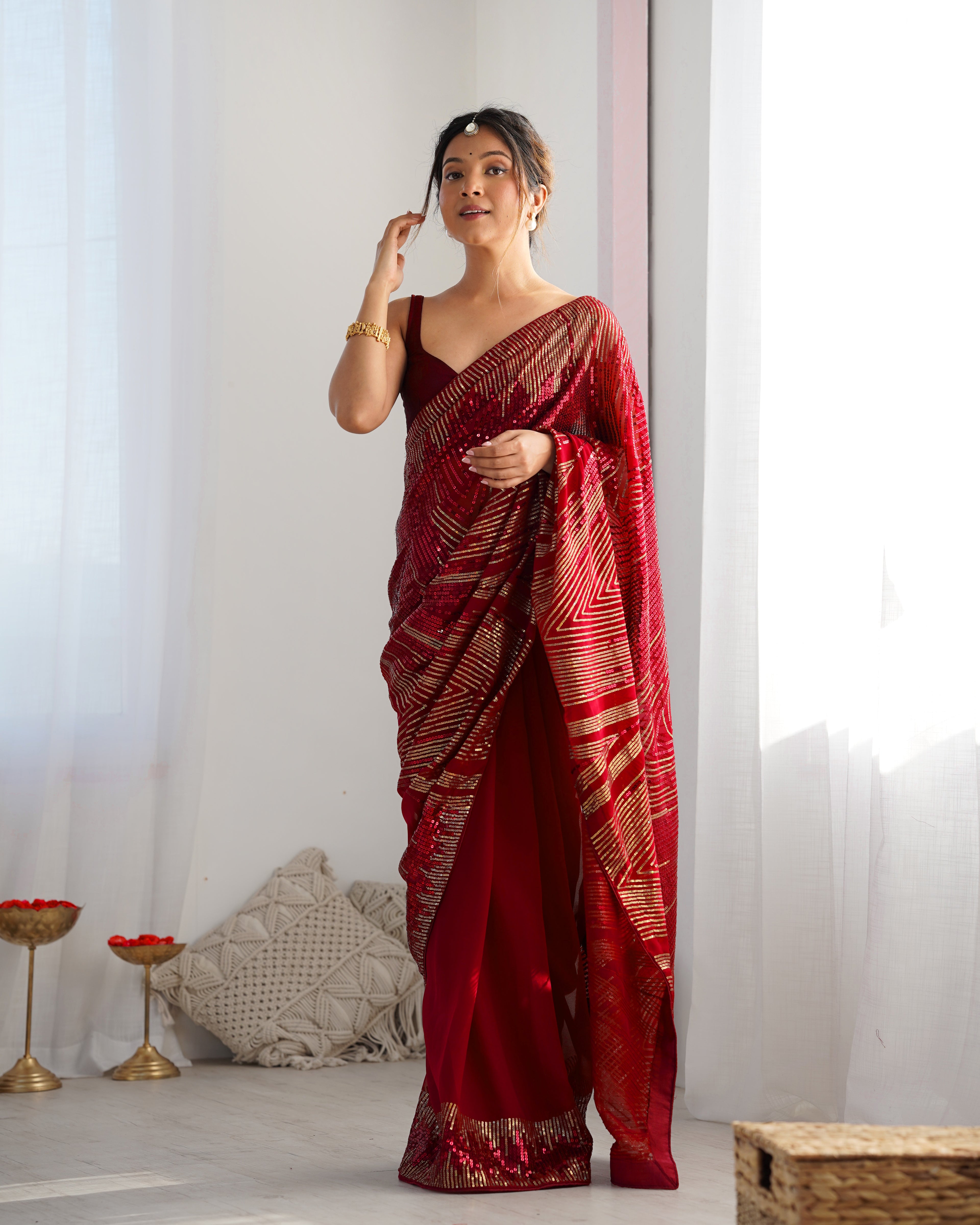 Royal Maroon Georgette Saree | Diamond Silk Blouse with Sequance Embroidery Couture