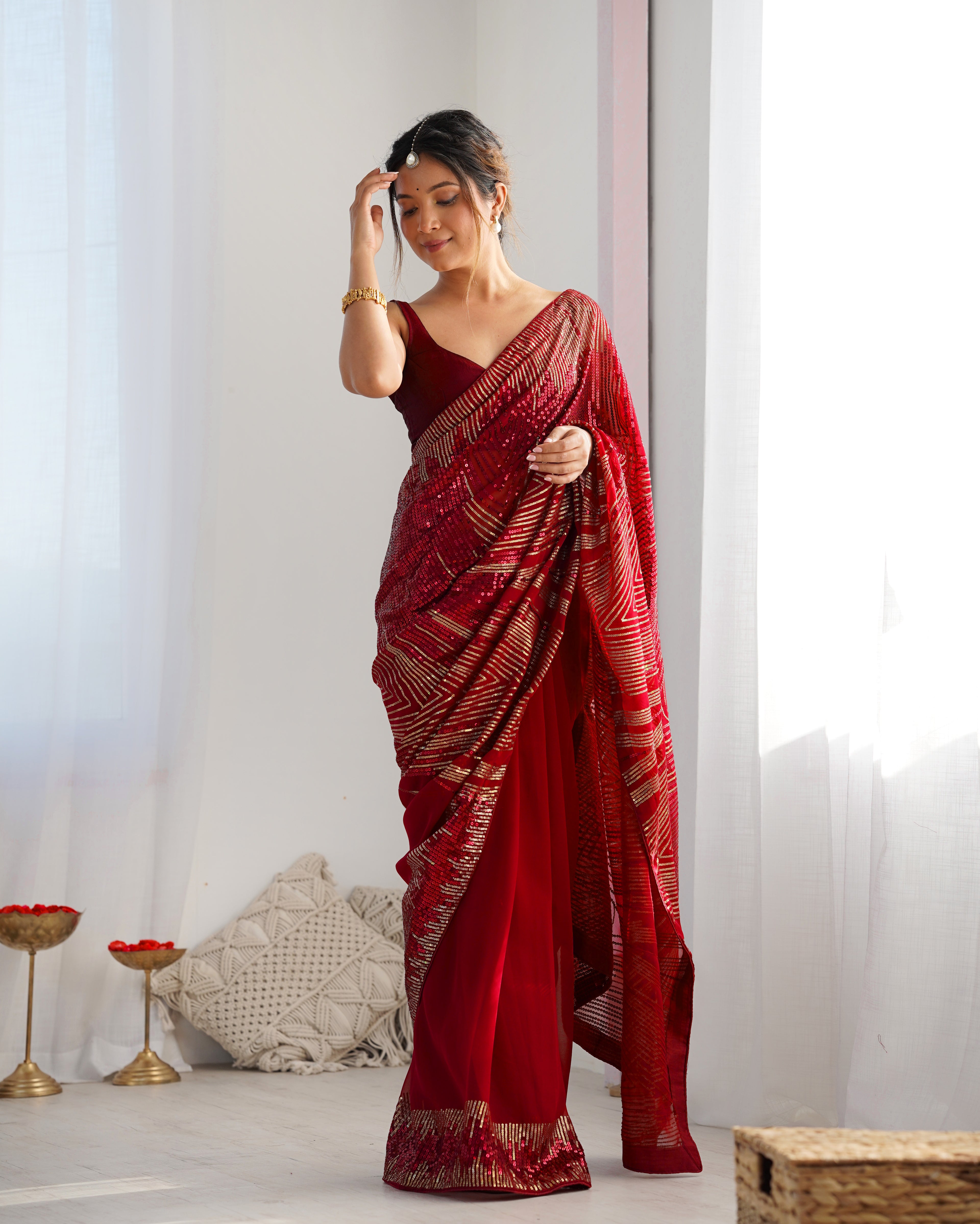 Royal Maroon Georgette Saree | Diamond Silk Blouse with Sequance Embroidery Couture