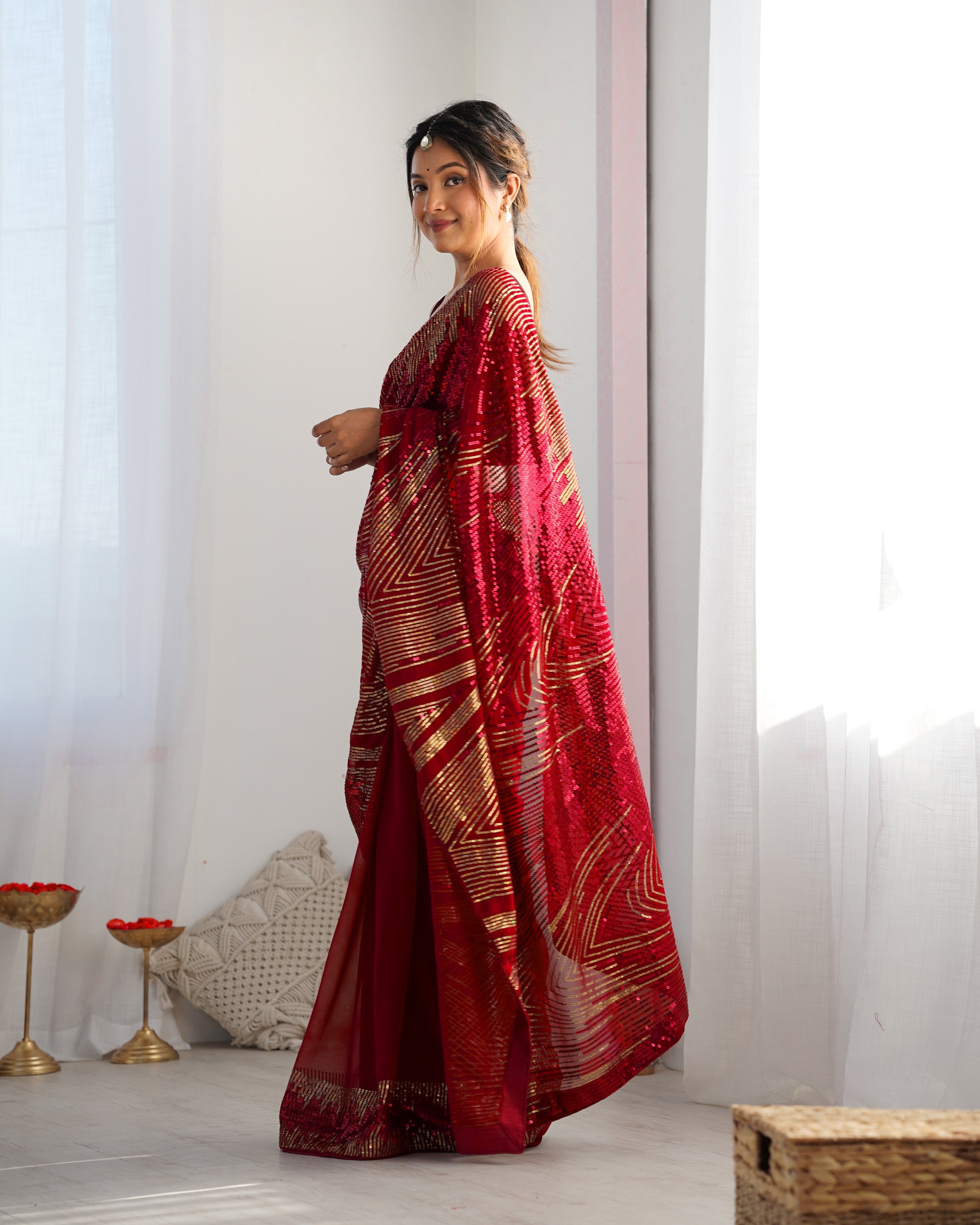 Royal Maroon Georgette Saree | Diamond Silk Blouse with Sequance Embroidery Couture