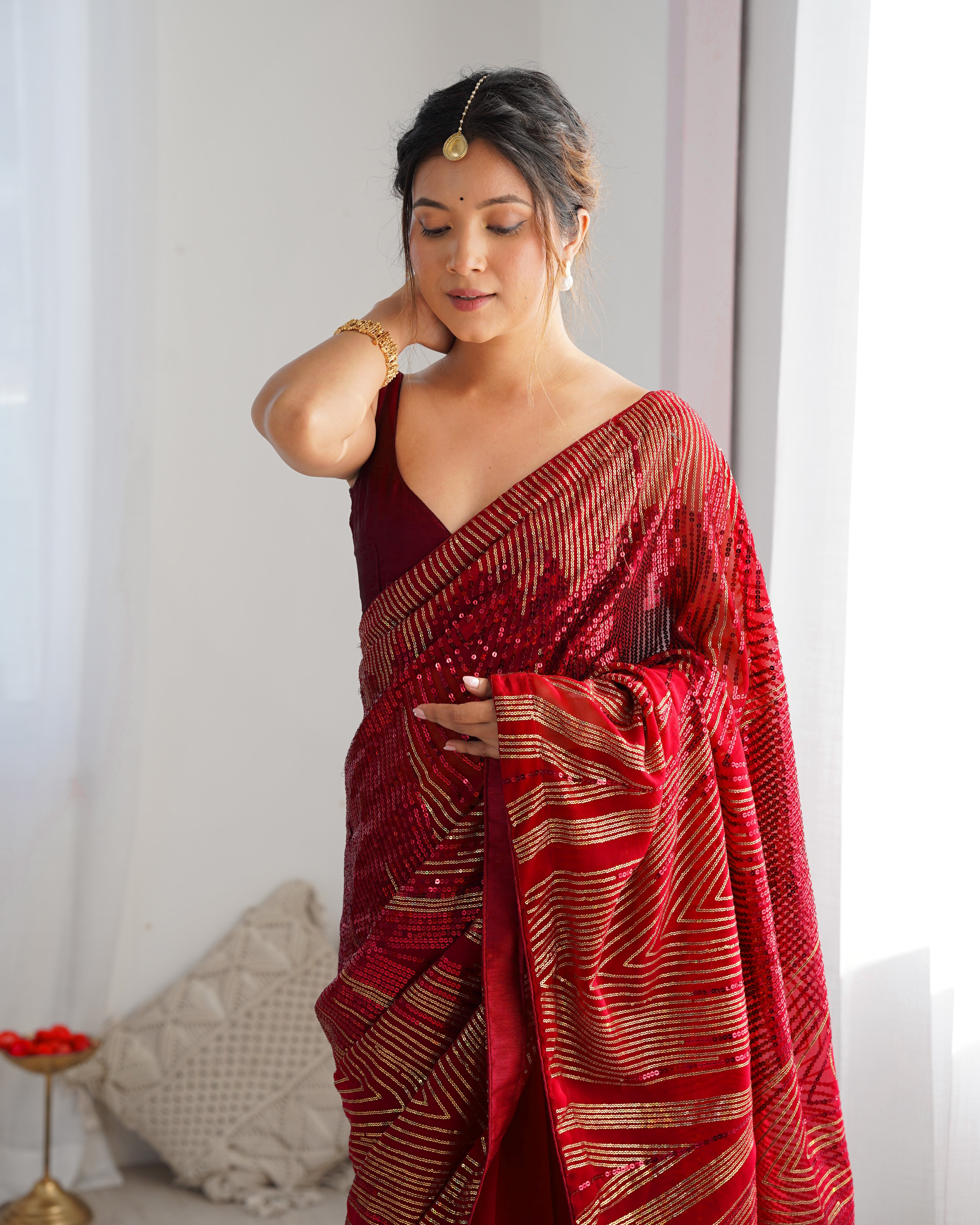 Royal Maroon Georgette Saree | Diamond Silk Blouse with Sequance Embroidery Couture