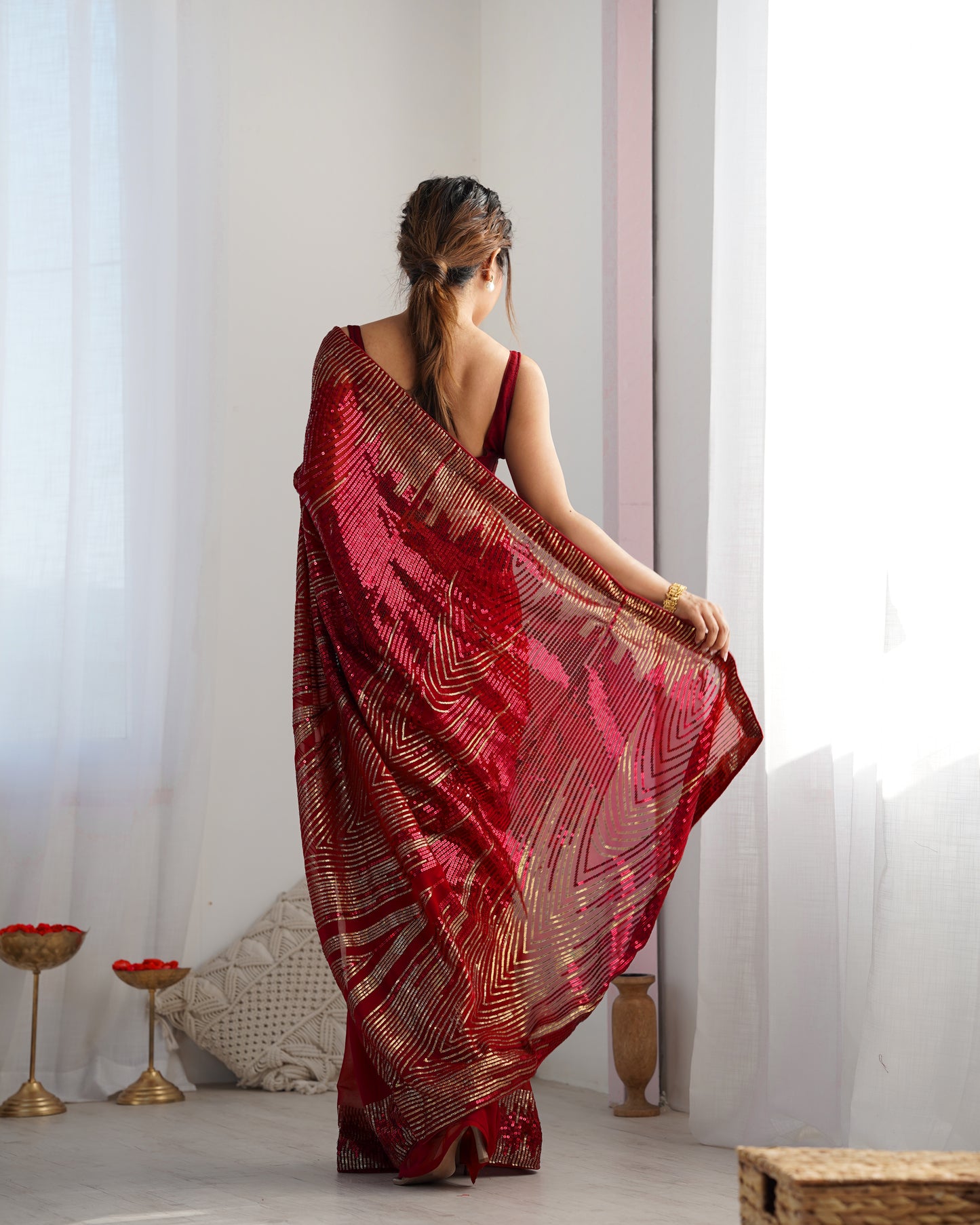Royal Maroon Georgette Saree | Diamond Silk Blouse with Sequance Embroidery Couture